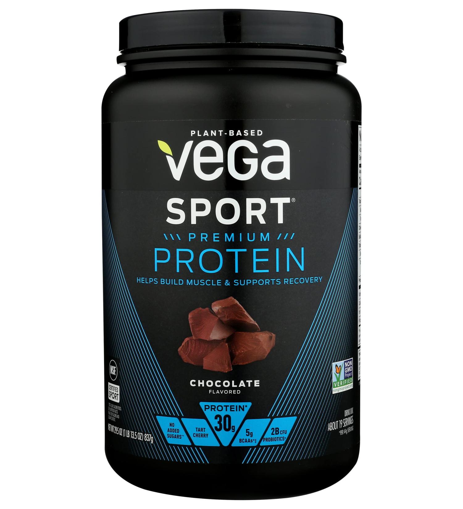 Vega Sport Premium Protein Powder Chocolate Vegan 30g Plant Based Protein 5g BCAAs Low Carb No Sugar Keto Dairy Free Gluten Free & Non-GMO Pea Protein for Women and Men 29.5 Oz