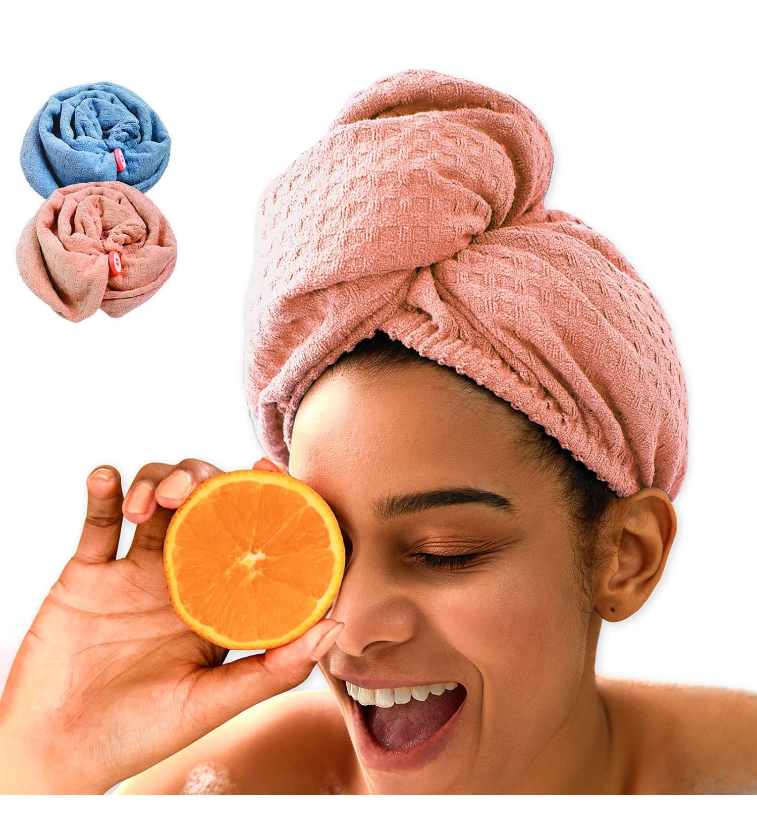 Tuerria Microfiber Hair Turban for Women - 2 Pack (Pink Champagne & Clear Sky) | Super Absorbent Fast Drying Anti-Frizz & Hands-Free - Buy Online on GoSupps.com