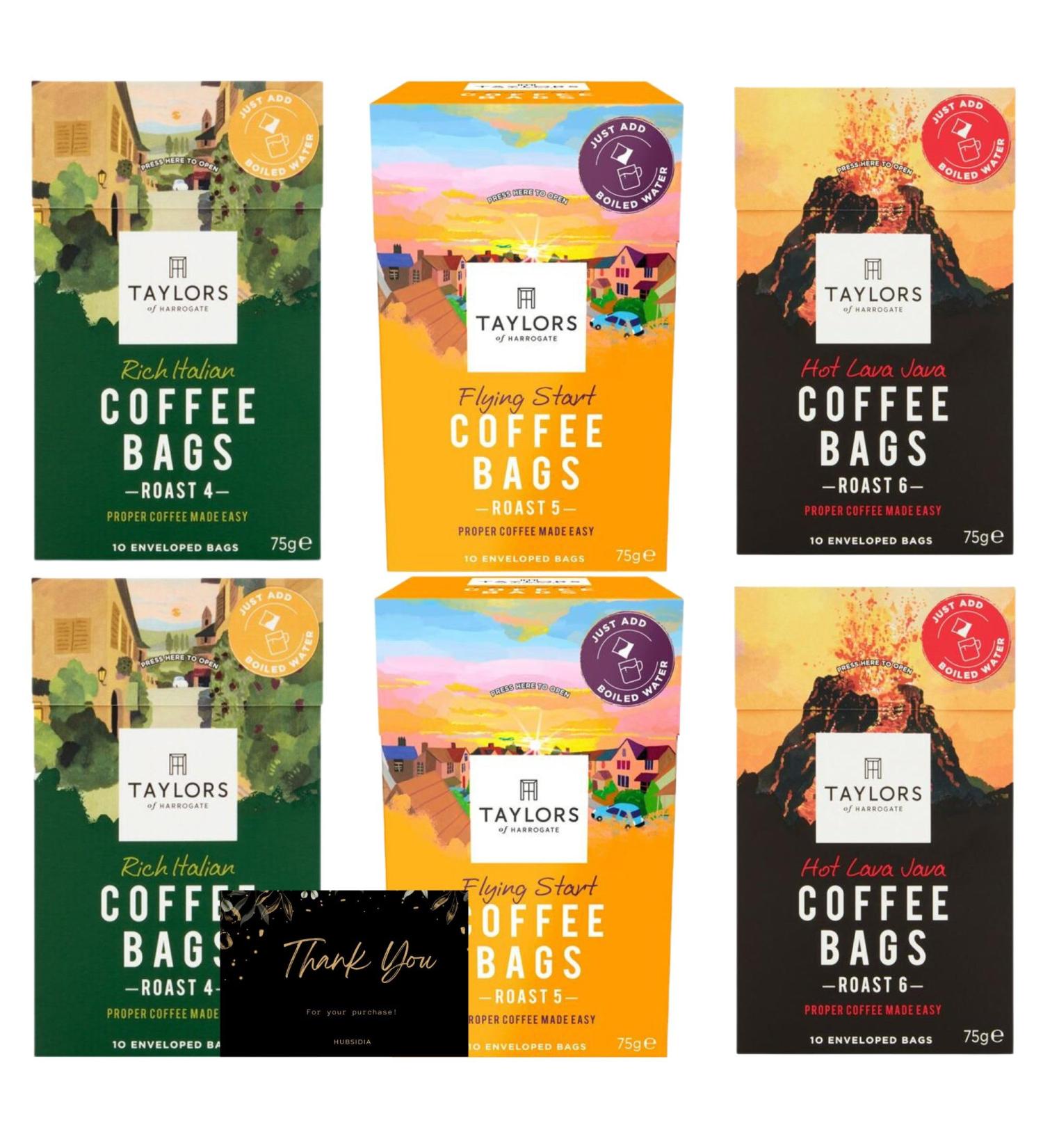 Taylors Coffee Bags Bundle | 2 X 10 Rich Italian Coffee Bags 2 X 10 Hot Lava Java Coffee Bags and 2 X 10 Flying Start Coffee Bags | 60 Coffee Bags Individually Wrapped - Buy Online on GoSupps.com