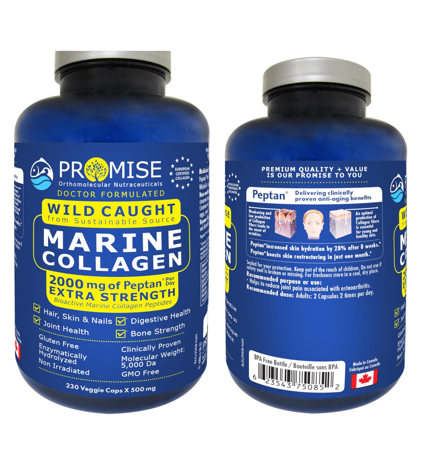 Promise Marine Collagen 2 000 mg of Peptan per day Bioactive Marine Collagen Peptides. For Hair Skin Nails Joints Bones and Digestive Health. Extra Strength 500 mg each capsule 230 Veggie Caps 1 count (Pack of 230) - Buy Online on GoSupps.com