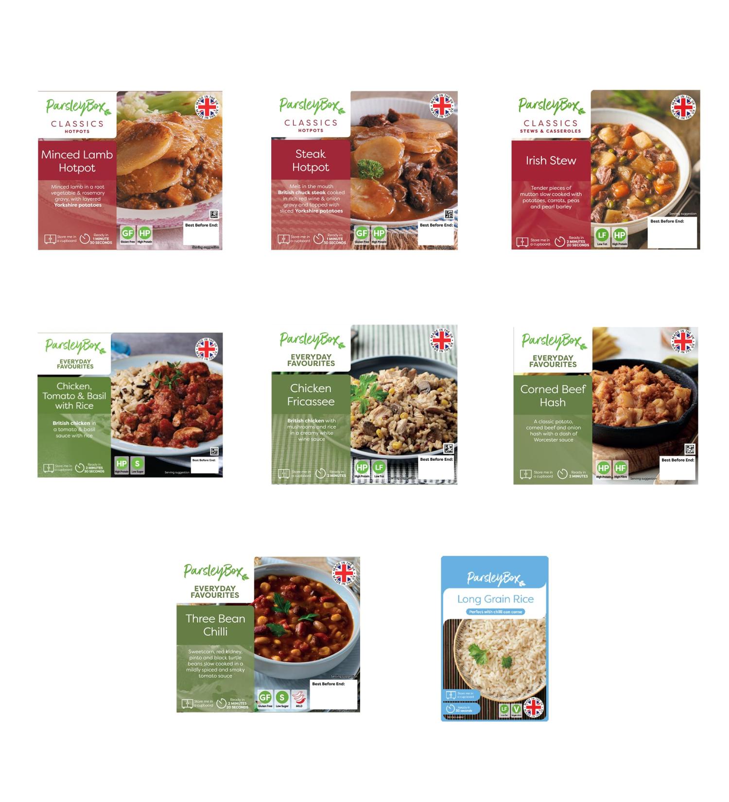 Gluten Free Ready Meal Variety Box - Parsley Box Microwavable Long-Life Cupboard-Store Ready Meals (7 Meals) - Buy Online on GoSupps.com
