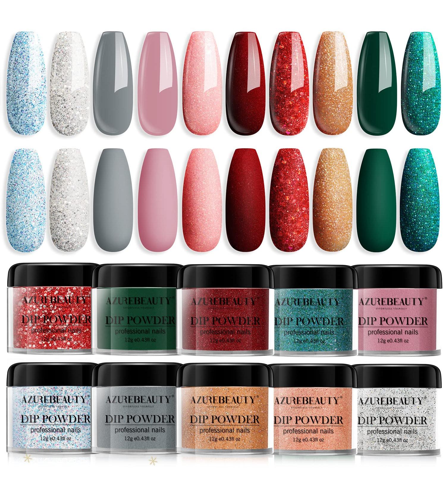 AZUREBEAUTY Holiday Series Dip Powder Nail Set - 10 Colors Red Green Gold Glitter - DIY French Nails Art Manicure - No Need Nail Lamp - Valentines Gift - Buy Online on GoSupps.com