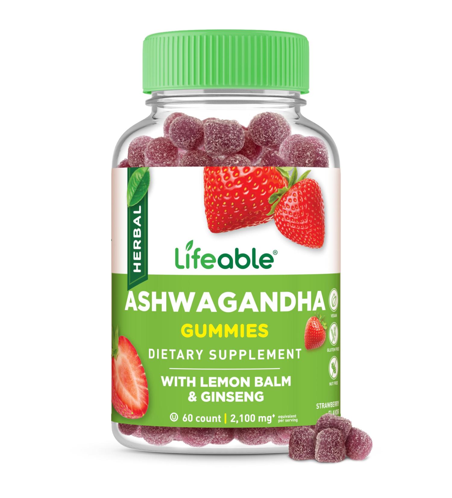 Lifeable Ashwagandha Gummies with Lemon Balm & Ginseng | Equivalent to 2100mg | Vegan Non GMO Ashwagandha Supplement | for Women and Men | 60 Gummies - Buy Online on GoSupps.com