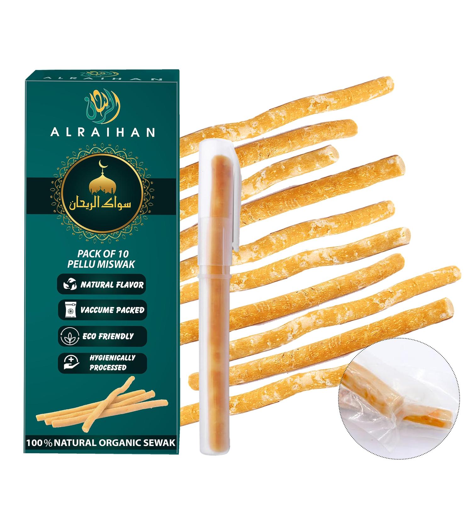 Al Raihan 10 Pcs Miswak Sticks with 2 Holders for Cleaning Teeth - Vacuum Sealed Natural Flavored Tooth Brush - Traditional Chew Sticks for Teeth Whitening Oral Health & Fresh Breath || Pack of 10 1 count (Pack of 10) - Buy Online on GoSupps.com