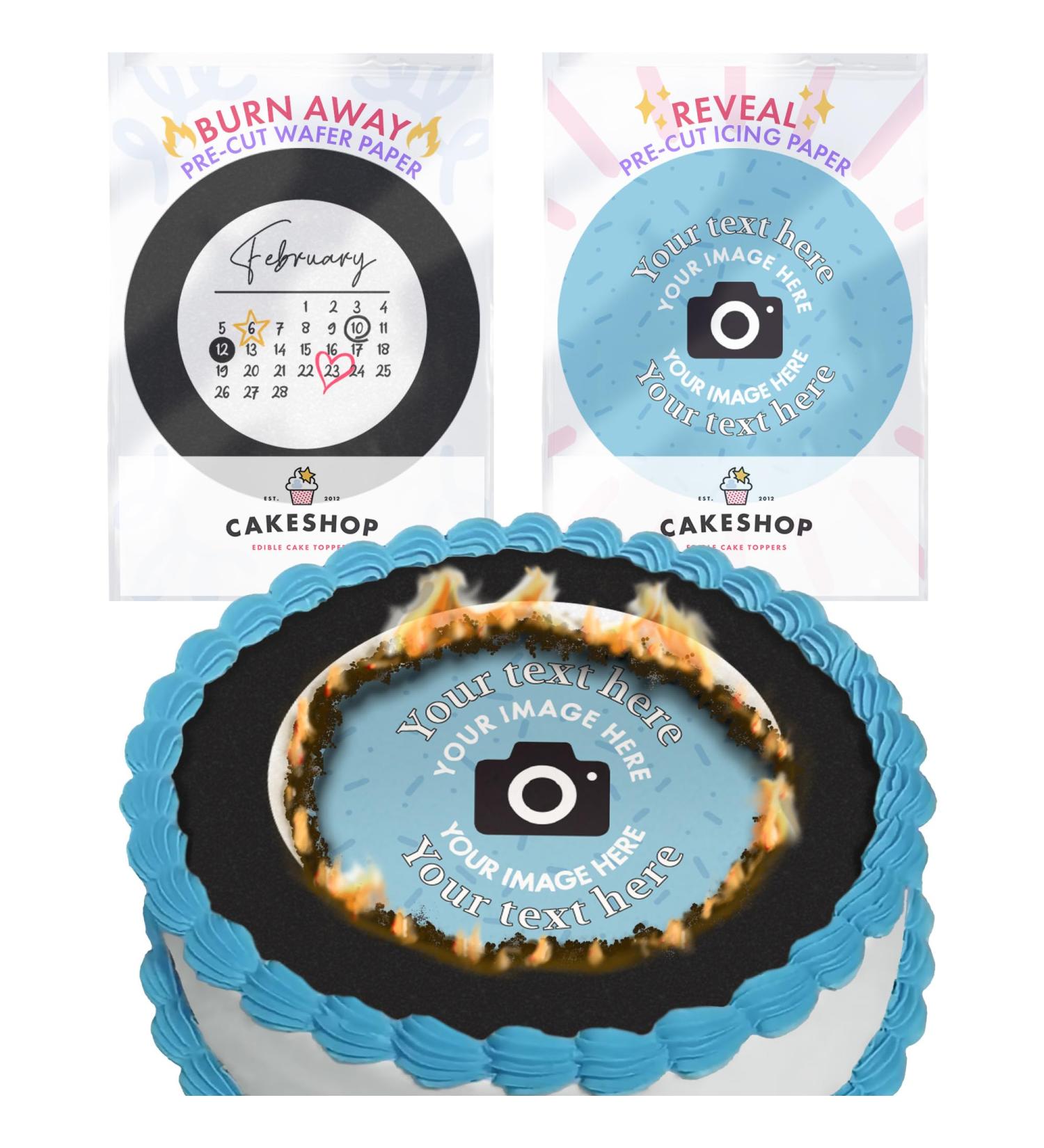 Cakeshop Calendar Burn Away Edible Cake Topper Pack | 1 x Icing sheet & 1 x Wafer Sheet | Calendar Theme for Birthdays & All Special Occasions | Personalise Your Custom Date Image Text Shape & Size Non-prime