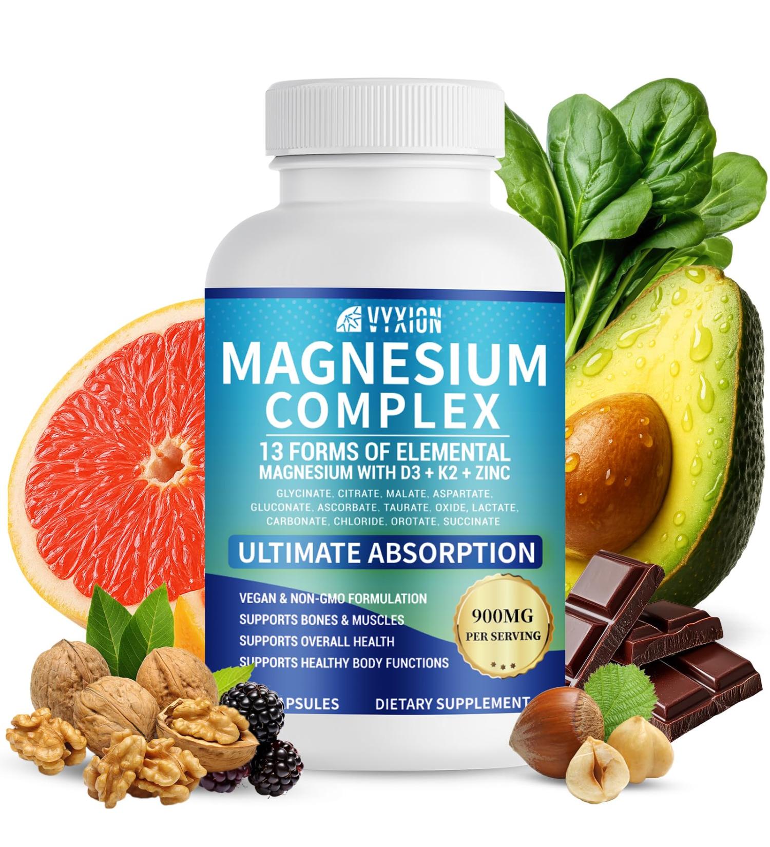 VYXION Magnesium Complex 900mg per Serving High Absorption Magnesium Glycinate with Vitamin D3 K2 Zinc & B Vitamins Sleep Calm Muscle & Nerve Support 90 Capsules - Buy Online on GoSupps.com
