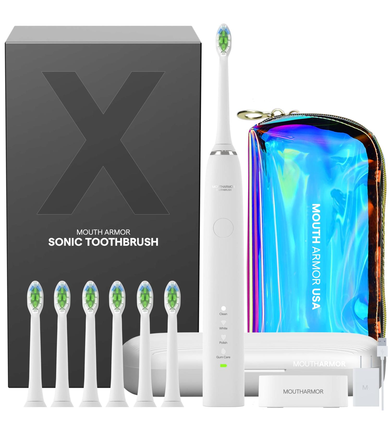 MOUTHARMOR Electric Sonic Toothbrush with Travel Case, 4 Brush Heads, Wireless Charging - White - Buy Online on GoSupps.com