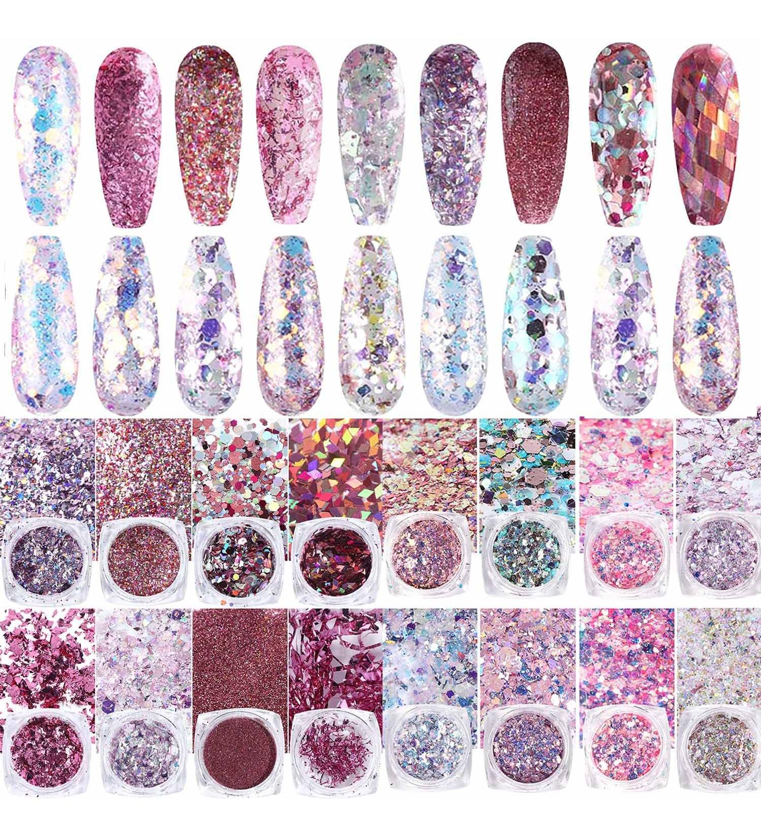 Gzmayuen 16Pcs Holographic Nail Glitter Powder Set - Chunky Sequin Flakes for Stunning Nail Art - Pink Violet Red - Buy Online on GoSupps.com