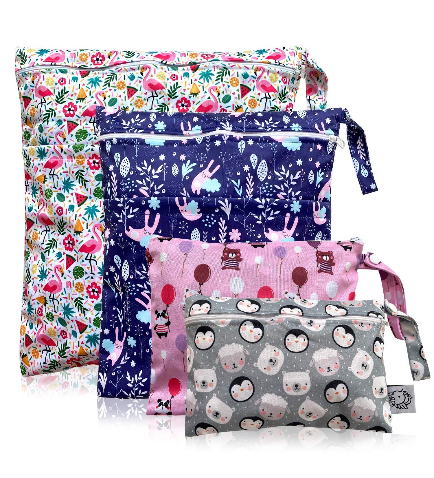 FLOCK THREE 4pcs Waterproof Wet Bag Bundle - Reusable for Baby Diapers, Stroller, Swimsuit, Travel - Small & Large Pouches - Ideal for Wet Clothes and Electronics - Windy Days Design - Buy Online on GoSupps.com