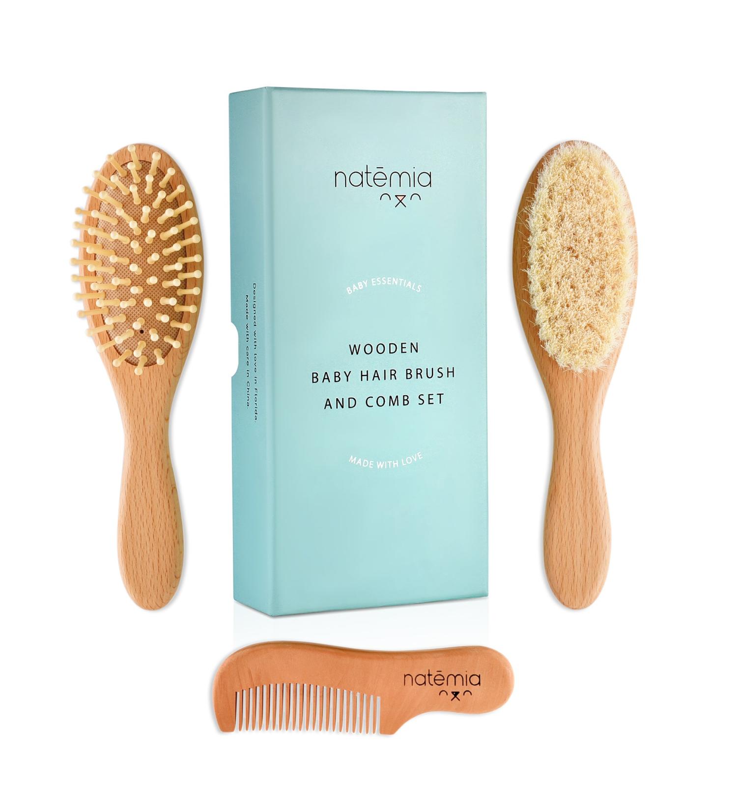 Natemia Baby Hair Brush and Comb Set - Natural Soft Bristles - Ideal for Cradle Cap - Baby Registry Gift Set - Buy Online on GoSupps.com