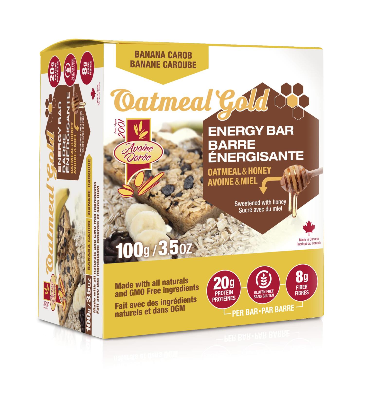 Oatmeal & Honey Protein - Energy Bar Gluten Free Snack High in Fiber Banana - Carob 100g Bar (6 count)
