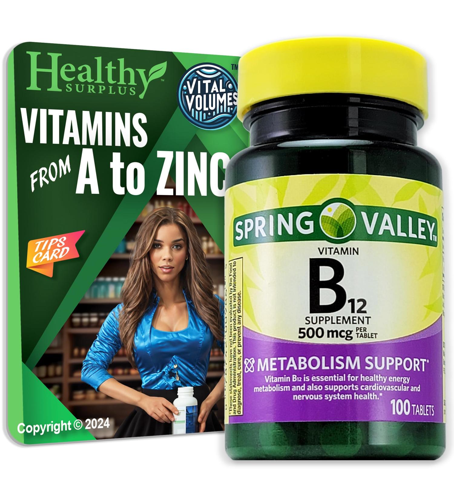 Healthy Surplus Vitamin B12 Supplement Tablets 500 mcg 100 Tablets and Vital Volumes Tips Card - Buy Online on GoSupps.com