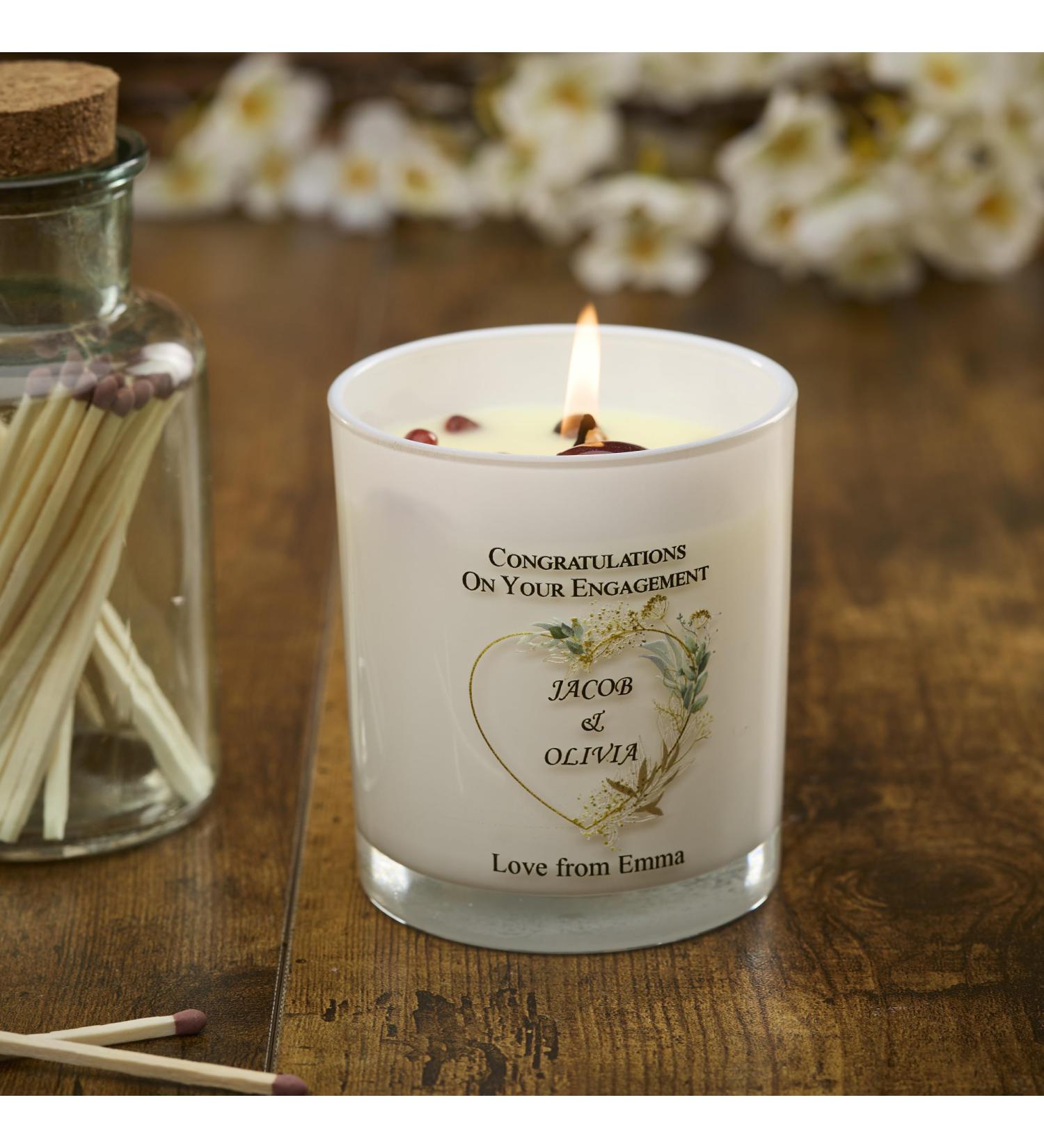 Personalised Candle Gift for Engagement Couple with Gold Leaf Heart (Lavender)