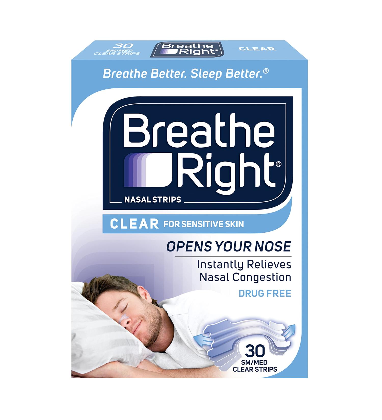 Breathe Right Original Nasal Strips - Clear, Sm/Med, Sensitive Skin - Stop Snoring & Congestion - 30 ct - Buy Online on GoSupps.com