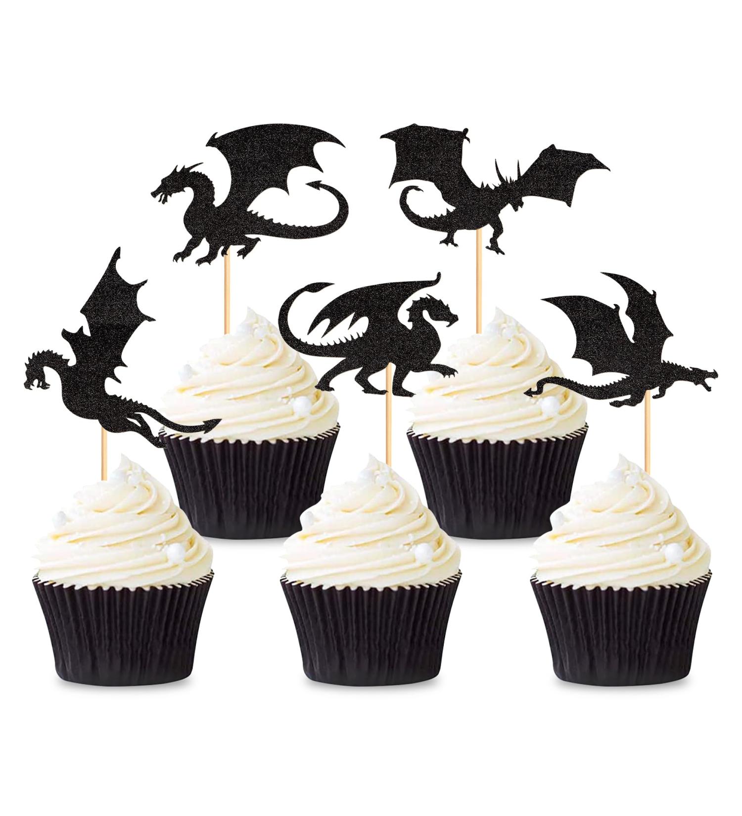 25PCS Dragon Cupcake Toppers Glitter Fantasy Birthday Cupcake Flying Dragon Cupcake Toppers Theme Baby Shower Kids Birthday Party Cake Decorations Supplies Black - Buy Online on GoSupps.com