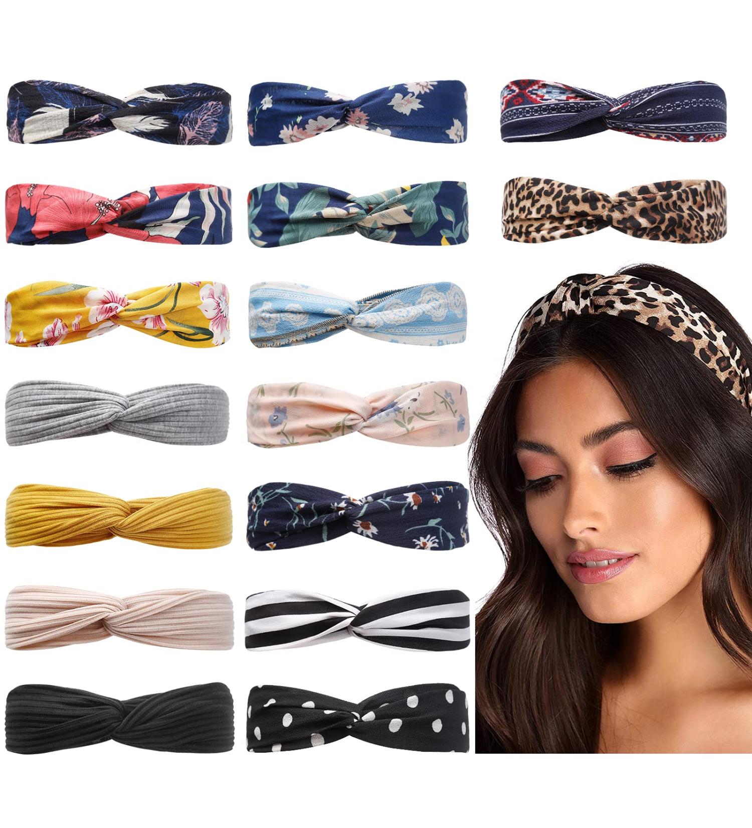 Boho Headbands for Women 16 Pack - Twist Knot Headwraps for Wigs and Hair Accessories - Solid Colors, Floral, Leopard Print - Stretchy and Cute Fashion Head Bands - Buy Online on GoSupps.com