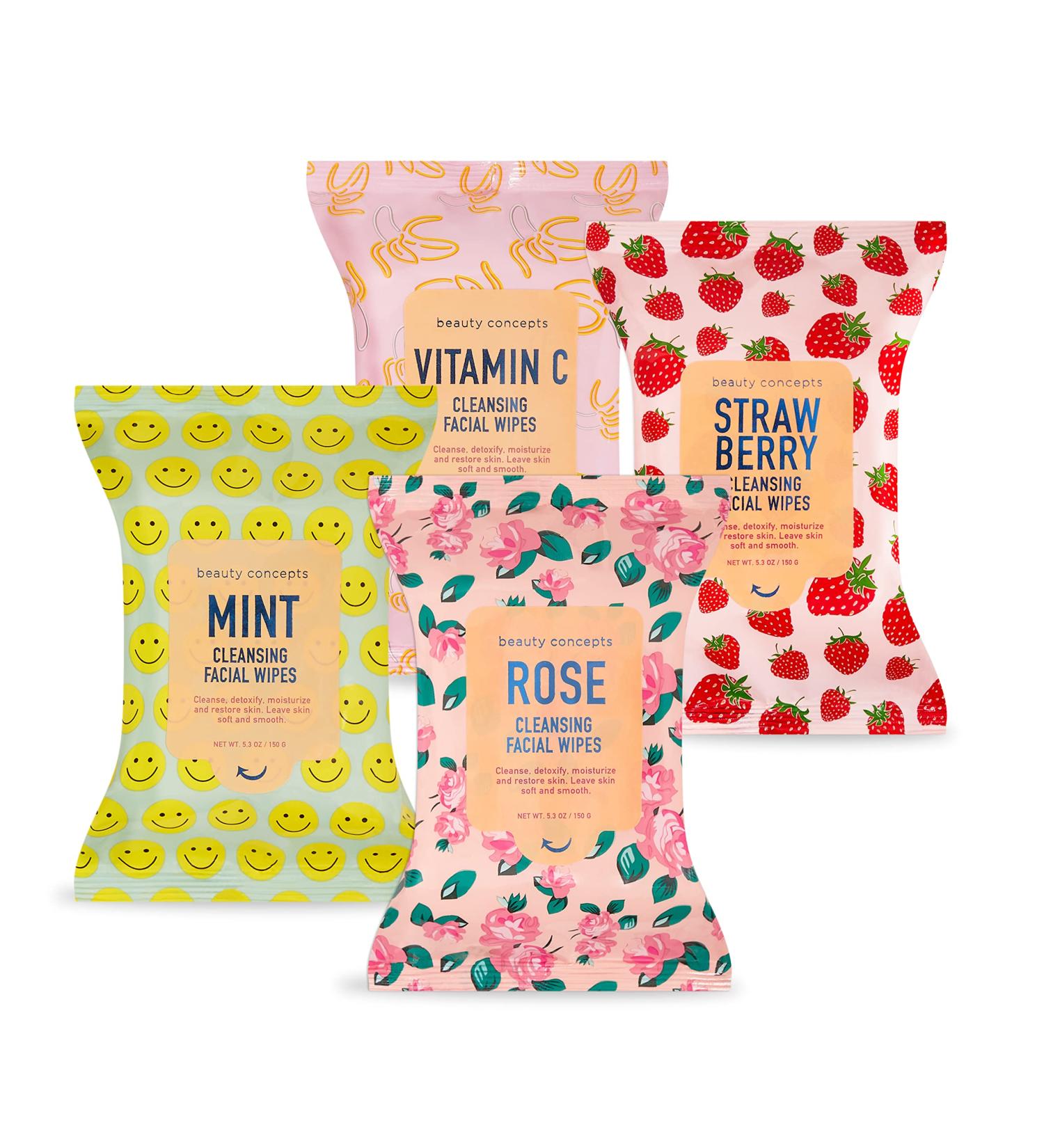 Beauty Concepts Mint Vitamin C Strawberry and Rose Facial Cleansing Wipes - 4 Pack (30 Count Each) - Buy Online on GoSupps.com
