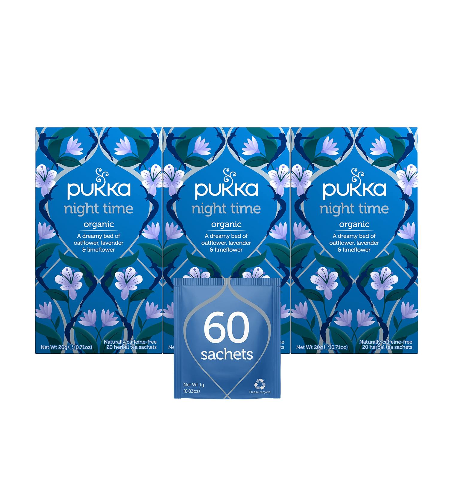 Pukka Organic Tea Bags  Night Time Herbal Tea with Chamomile  Lavendar & Valerian  Perfect for Easing into a Soothing Sleep  20 Count (Pack of 3) 60 Tea Bags Night Time 60 Tea Bags - Buy Online on GoSupps.com