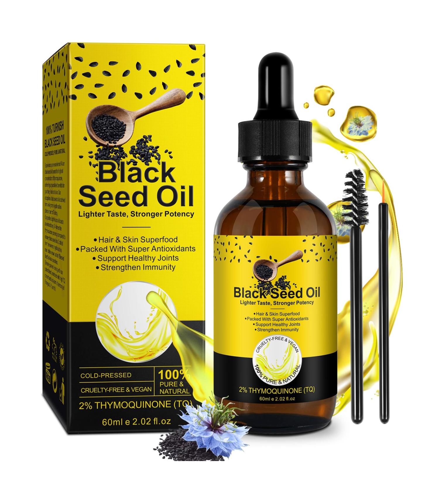 KLLALO Organic Black Cumin Seed Oil 60 ml Glass Bottle + Pipette + Brush for Hair Loss Acne and Blackheads Black Seed Oil - Buy Online on GoSupps.com