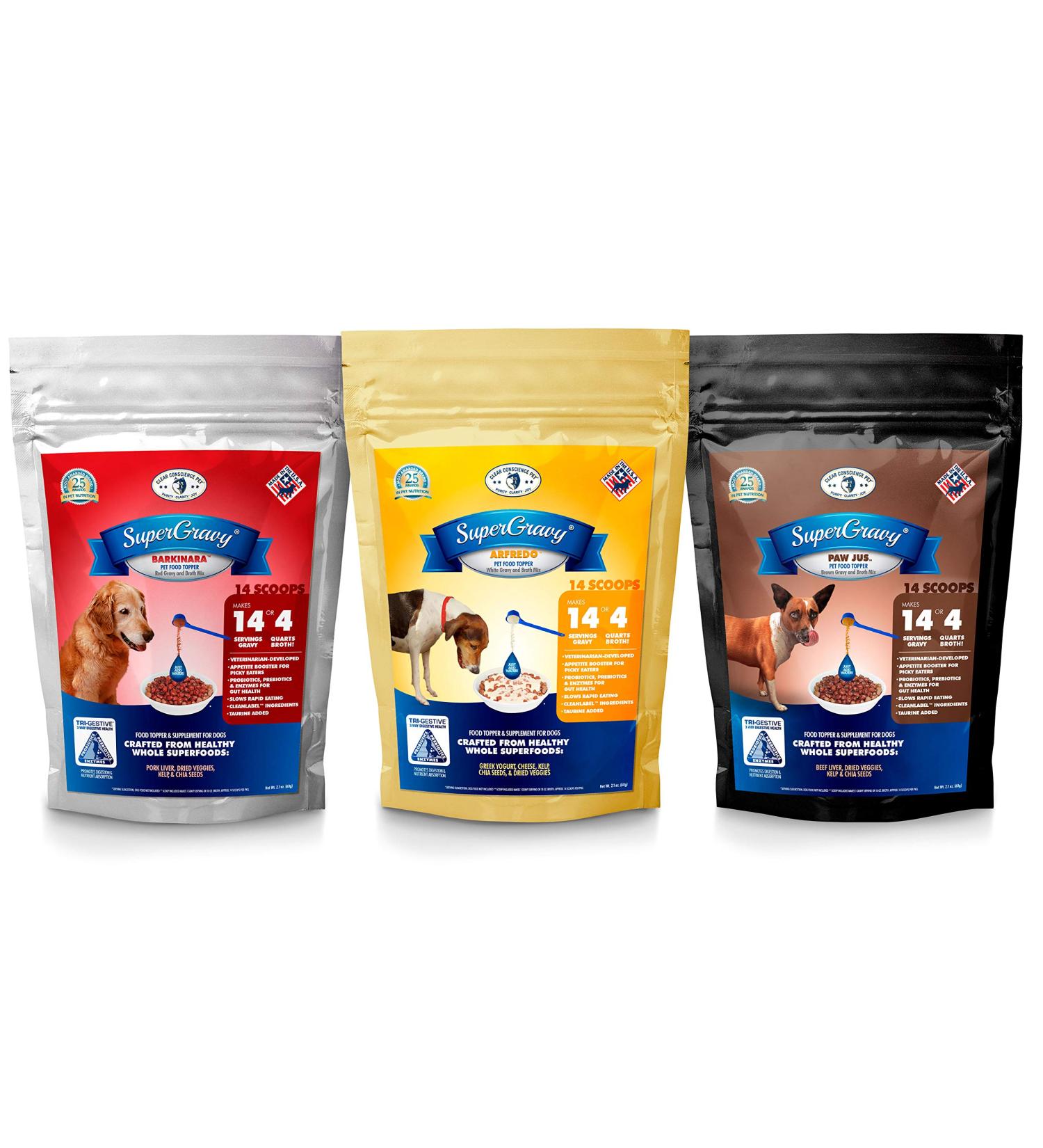 SuperGravy Original Trio - Natural Dog Food Gravy Topper - Hydration Broth Food Mix - Human Grade  Kibble Seasoning for Picky Eaters  Gluten Free & Grain Free, 42 Scoops, 01095