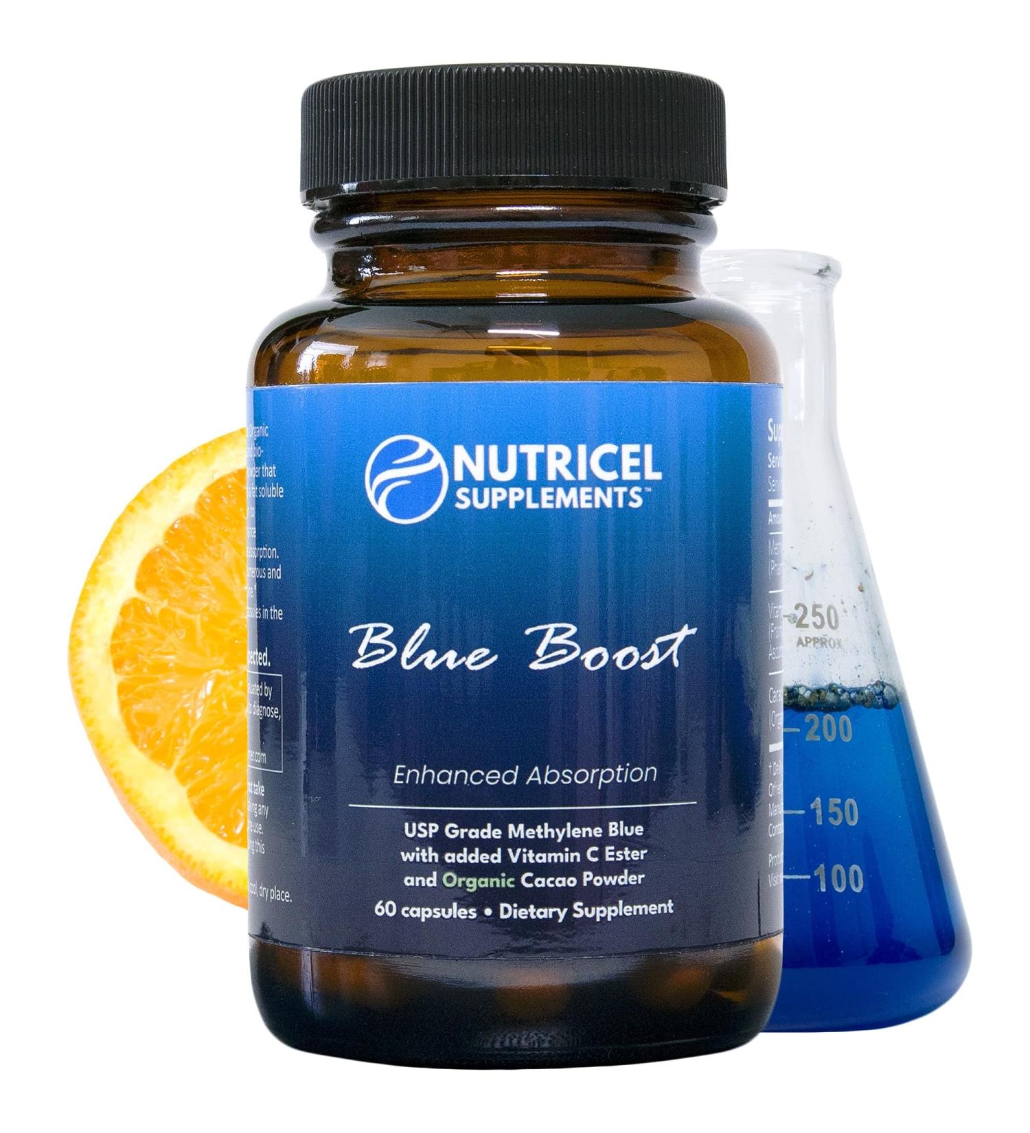Nutricel Methylene Blue Capsules - Pharmaceutical Grade Supplement - Trusted Made in America Brand - 12mg (USP Reference Compliant) with Vitamin C Ester Enhanced Absorption - Third Party Tested (60ct) - Buy Online on GoSupps.com