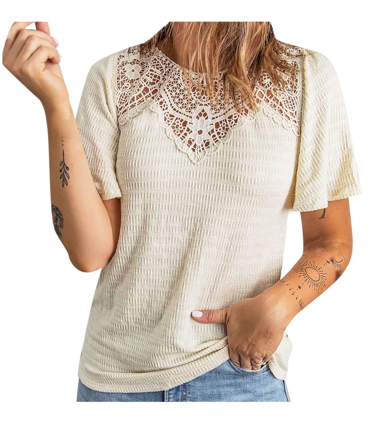 Ganfancp Women's Lace Patchwork Loose Fit Tee Top - Beige-71 Large - Buy Online on GoSupps.com