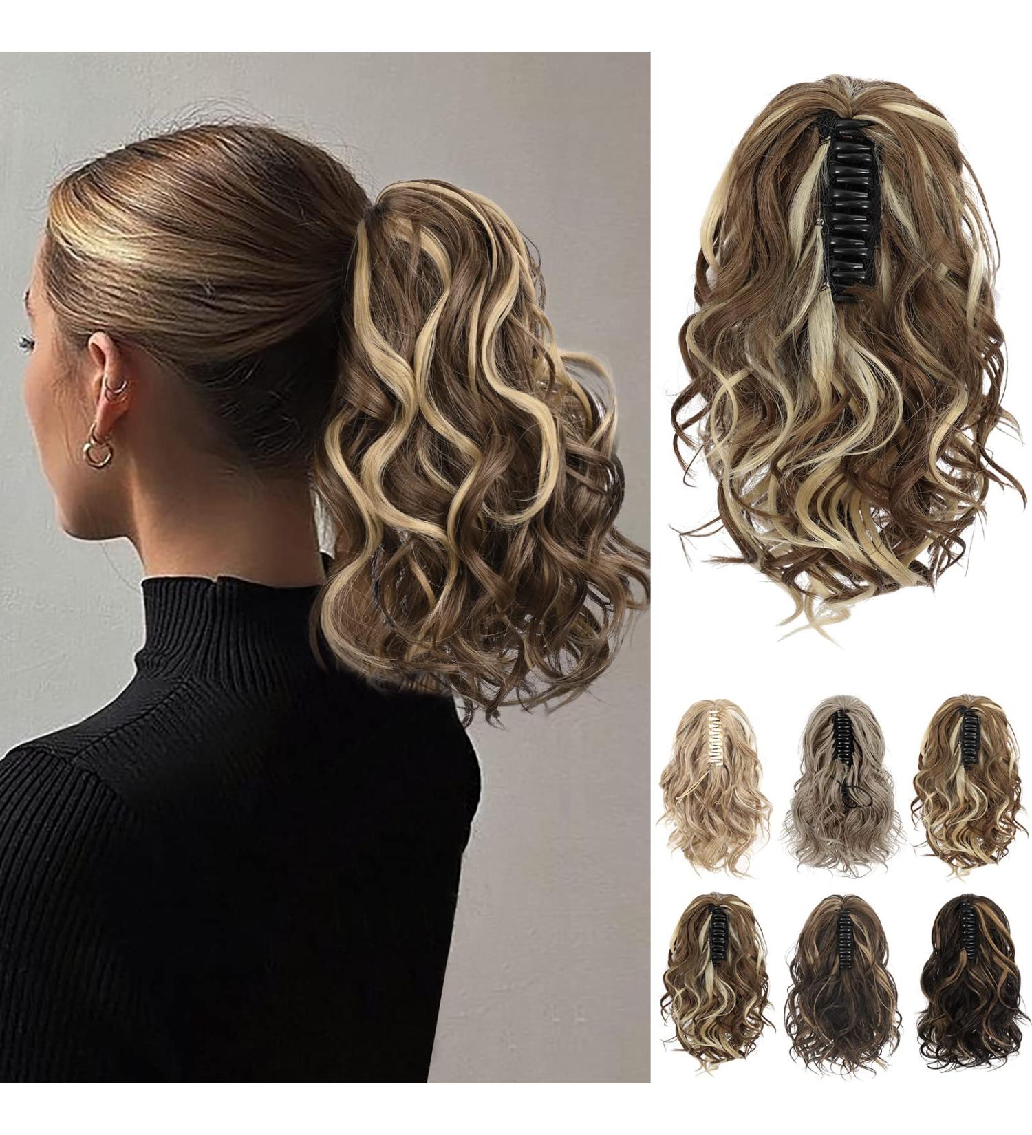 REECHO 10 Inch Short Curly Ponytail Extension Claw Clip Synthetic Hairpiece - Light Brown with Highlights - Buy Online on GoSupps.com