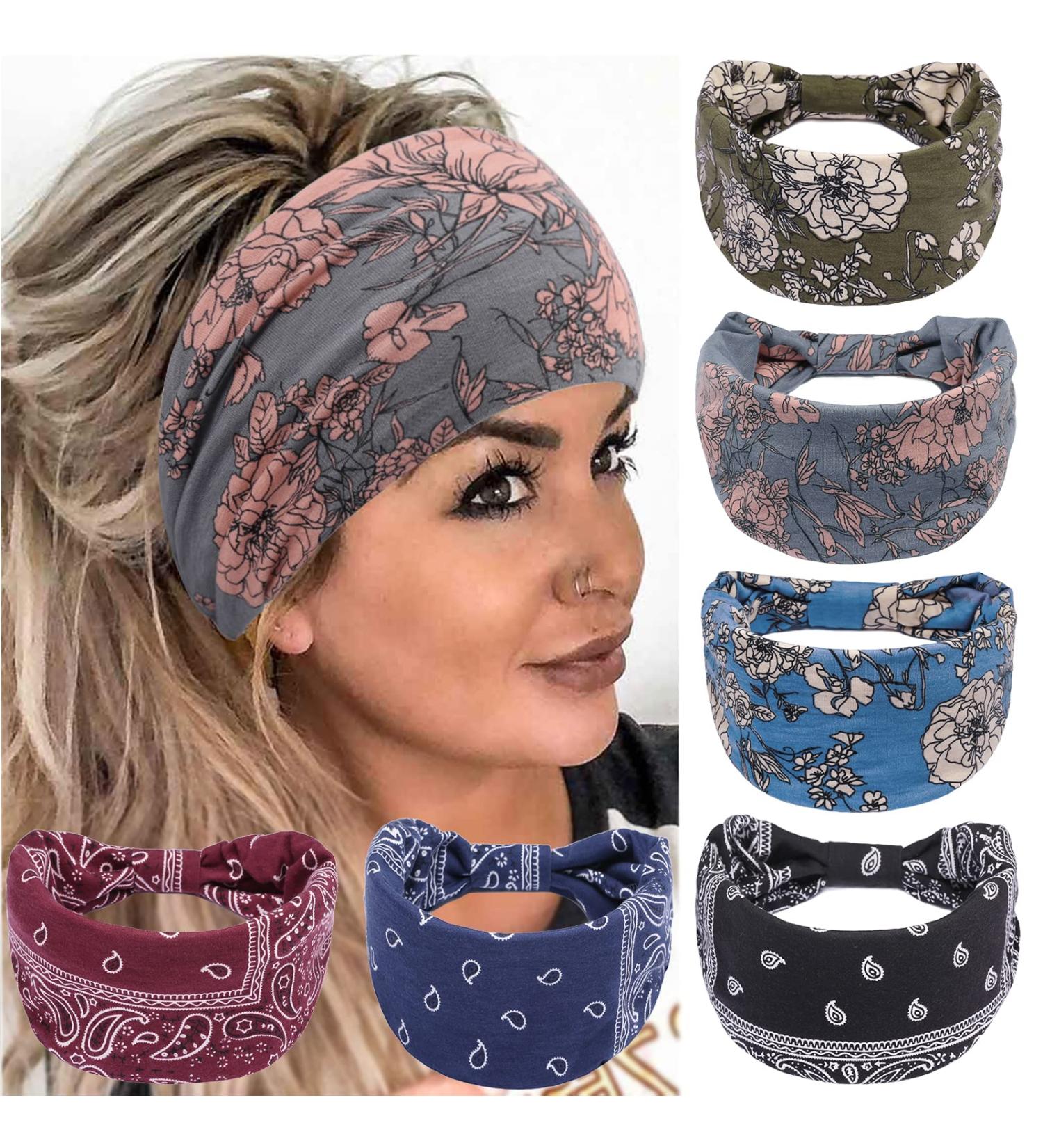 6 PCS Wide Boho Headbands Set 2 for Women - Non Slip Sweat Fashion Headwraps for Workout, Sports, Yoga - Elastic Bandana Hair Bands, Large Headwear fit All Sizes - Buy Online on GoSupps.com