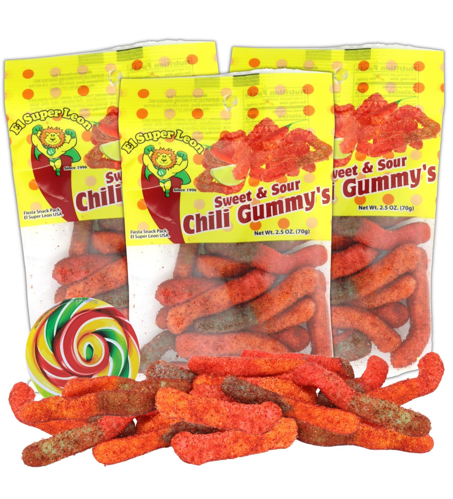 Spicy Gummy Worms - Hot & Sour Chewy Candies with Chili Powder | 2.5 oz Pack of 3 + Lollipop Swirl Sticker - Buy Online on GoSupps.com