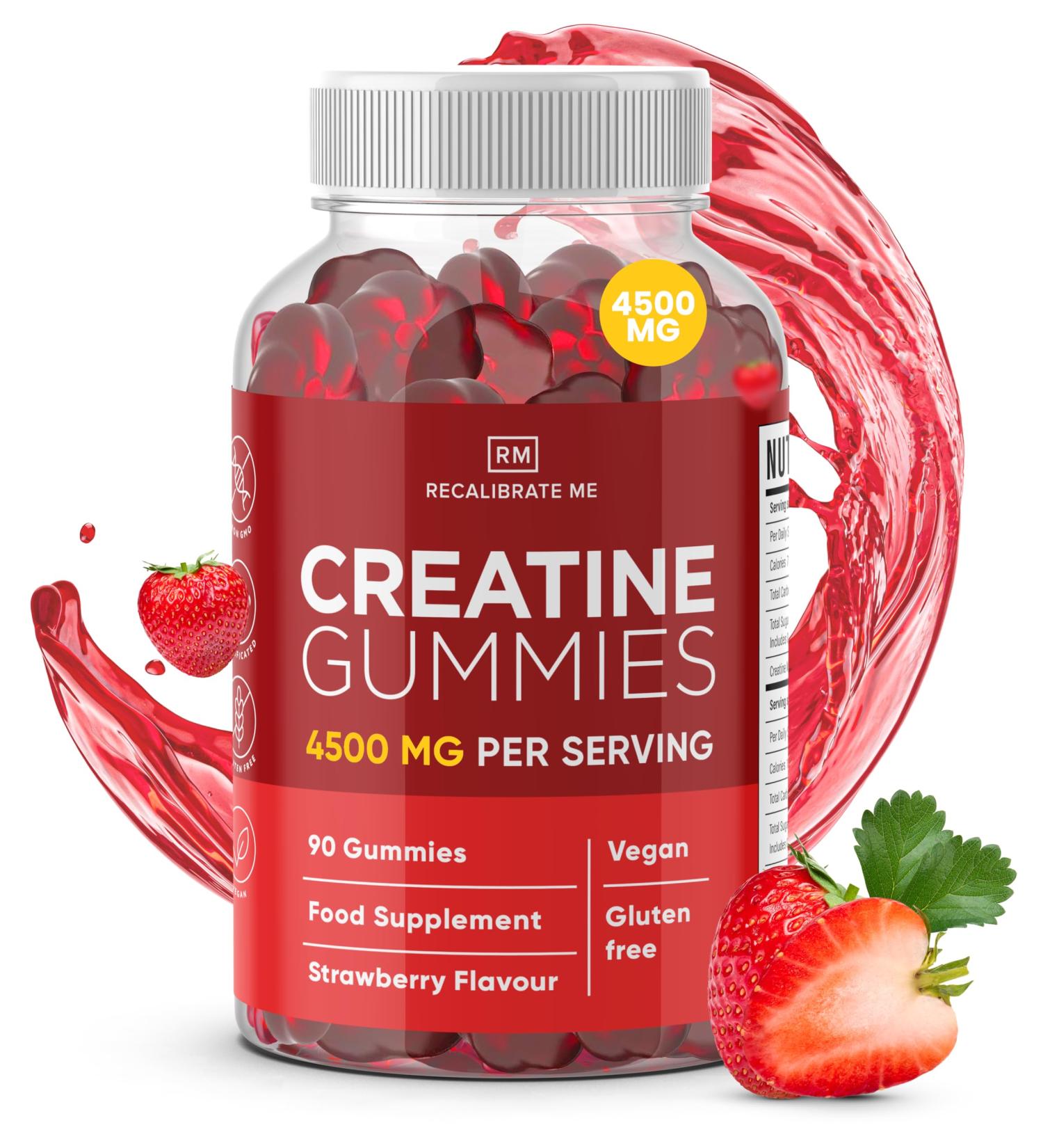 RM Creatine Gummies 4500mg - 90 Chewable Pre Workout Gummies (Strawberry Flavour) - Vegan & Gluten Free Gym Supplement - Buy Online on GoSupps.com