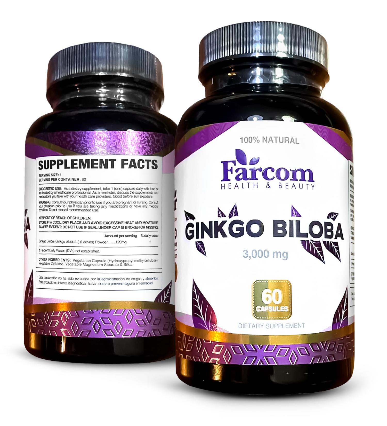 Farcom Ginkgo Biloba Supplement 60 Capsules 120mg Each Supports Brain Function Healthy Circulation and Antioxidant Protection - Buy Online on GoSupps.com