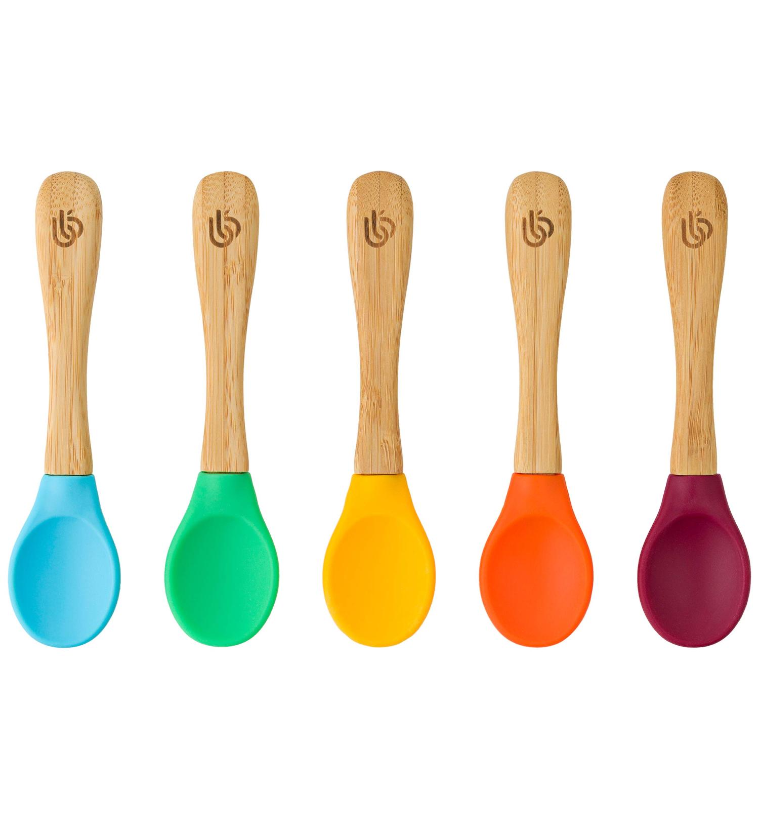 Bamboo Baby Feeding Spoons with Soft Curved Silicone Bowl Tips for Toddlers and Infant 5-pack Multi With Blue 5