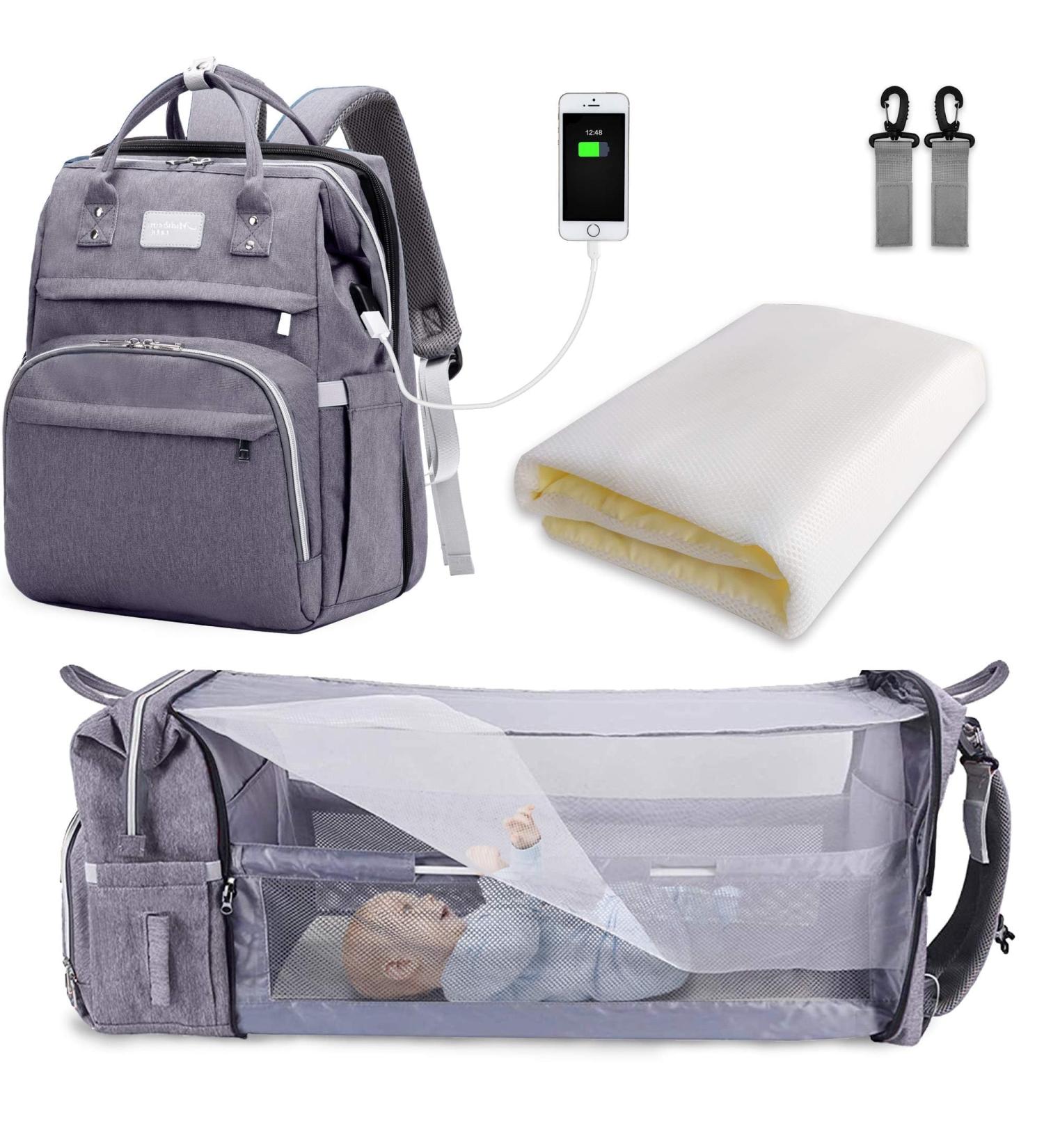 SndMor Diaper Bag Backpack - Multifunctional Large Diaper Backpack with Bed Function Stroller Hook - Perfect for Moms & Dads - Gray - Buy Online on GoSupps.com