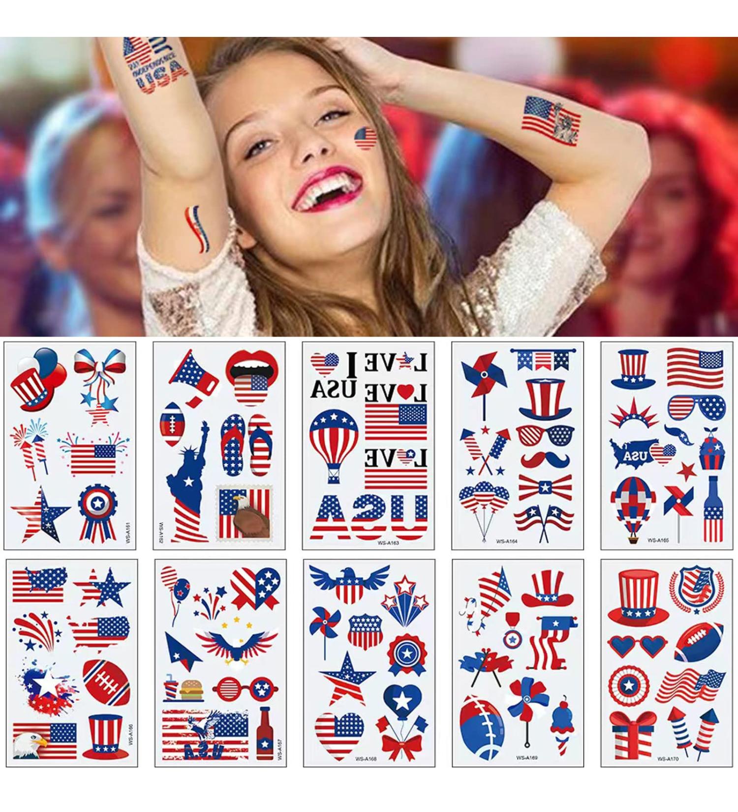 4th of July Temporary Tattoos - 100pcs Fake Tattoos for Kids & Adults | Independence Day Body Art Stickers in Red White Blue | Memorial Day, Labor Day, USA National Flag Decor - Buy Online on GoSupps.com