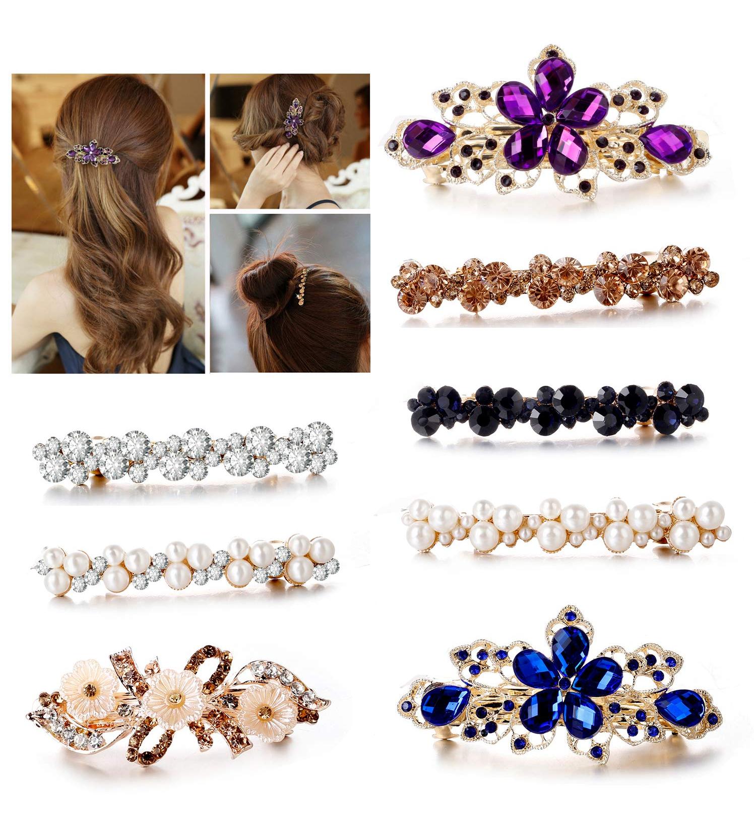 Minimalist CZ White Pearl Hair Clips with Champagne Brown Crystal Barrettes - Handmade Bridal Hair Accessories for Women and Teens - Buy Online on GoSupps.com