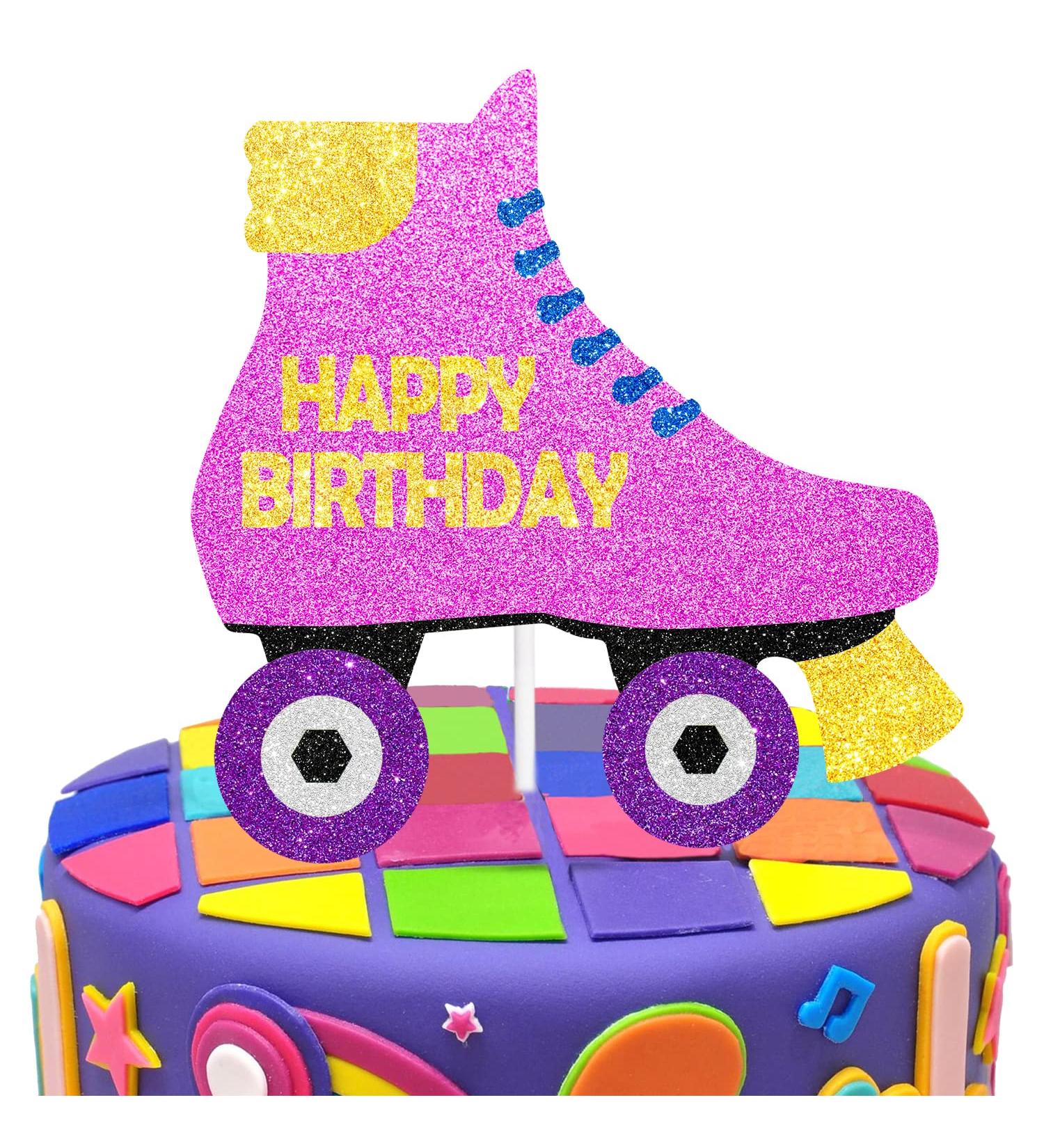 Roller Skate Birthday Cake Topper pink 80s Retro Theme Hip Hop gril Glitter Party Cake Decorations - Buy Online on GoSupps.com