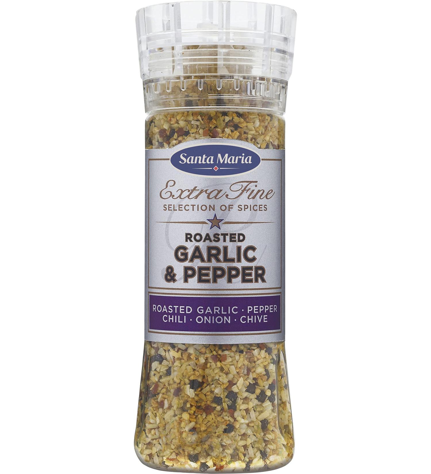 Santa Maria Garlic and Pepper Mill 265g | Spice Powder | Ideal for Rubbing, Marinating, Gravy or Cooking with Chicken, Beef or