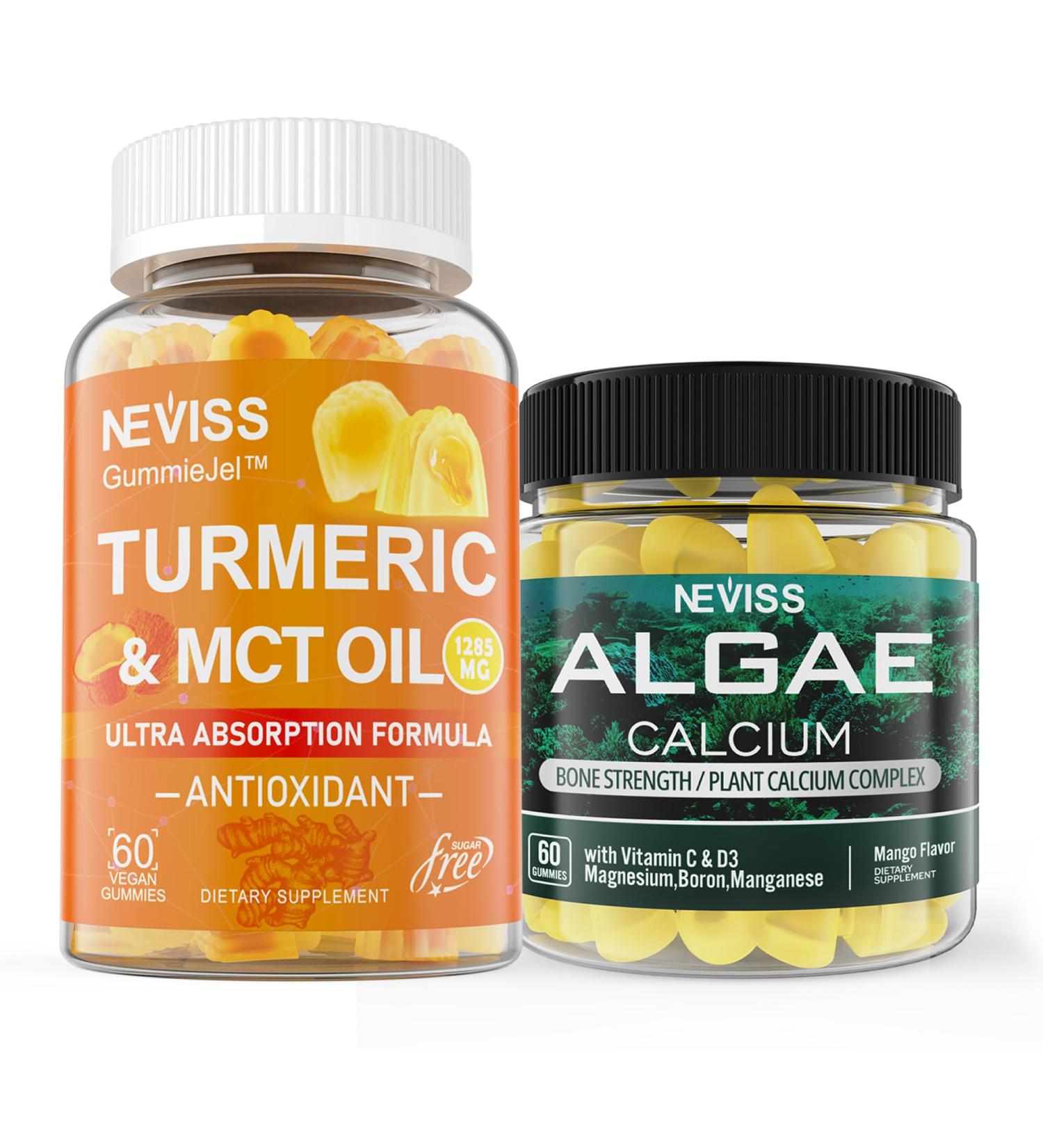 NEVISS Sugar Free Turmeric Curcumin Gummies + Marine Algae Calcium Supplement 600mg High Absorption Vegan - Buy Online on GoSupps.com