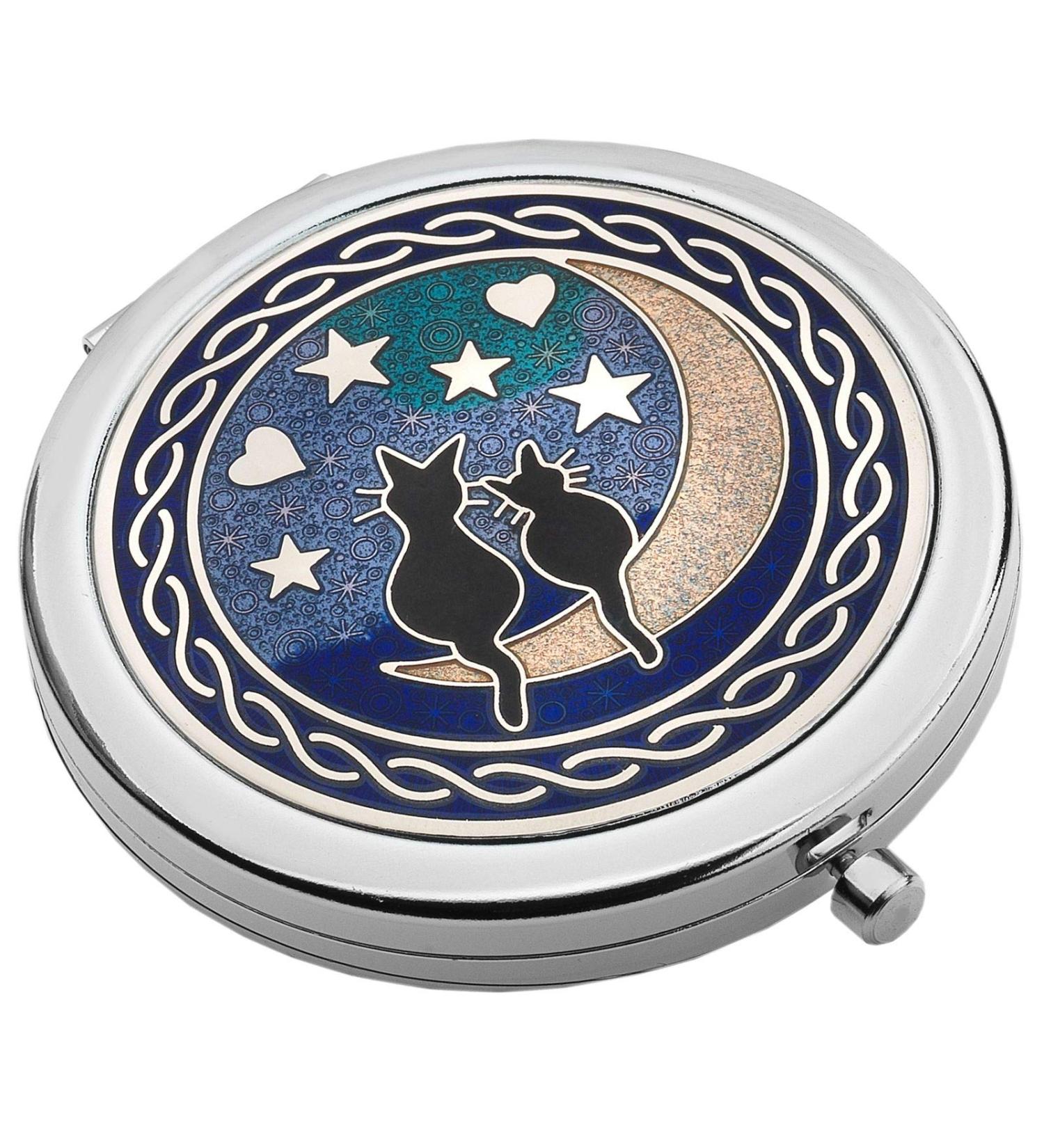Really Nice Compact Mirror - Cats on Moon Design - Enamelled Pewterware