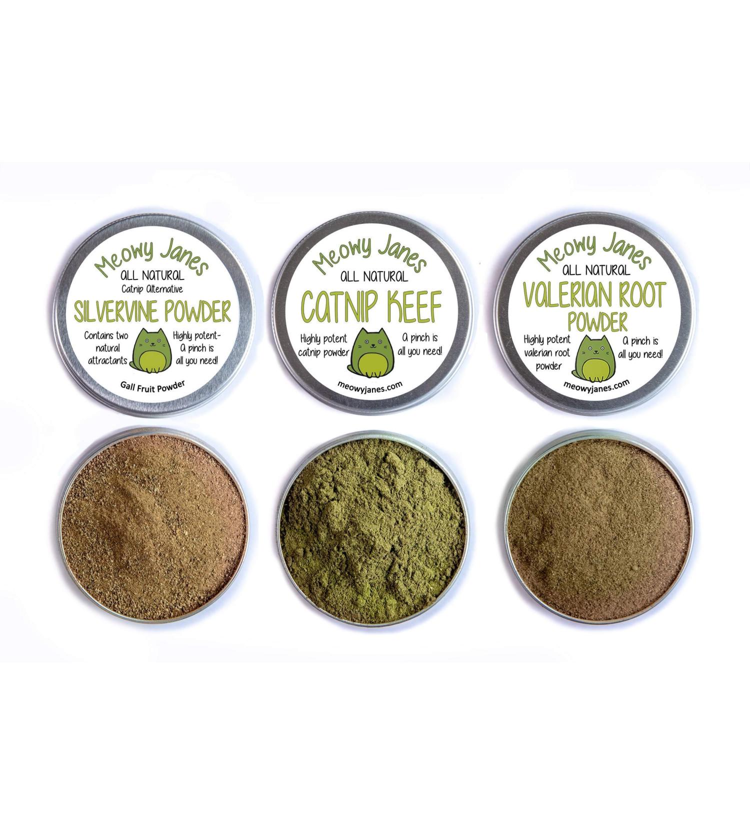 Meowy Janes Catnip Alternative Variety Powder Pack - Catnip Keef, Silvervine, and Valerian Root Powder - Cat Toy Large Tin (60 ml) - Buy Online on GoSupps.com