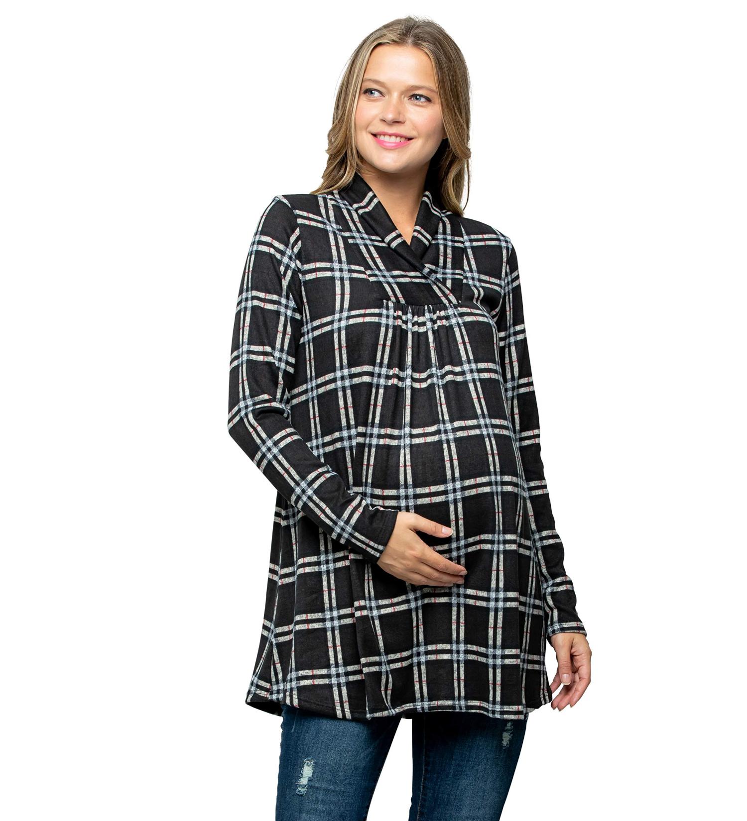 Bump Maternity Knit Sweater - High Neck Shawl Collar Long Sleeves Tunic Pullover Top (USA Made) - Grey/Black - Size S - Buy Online on GoSupps.com