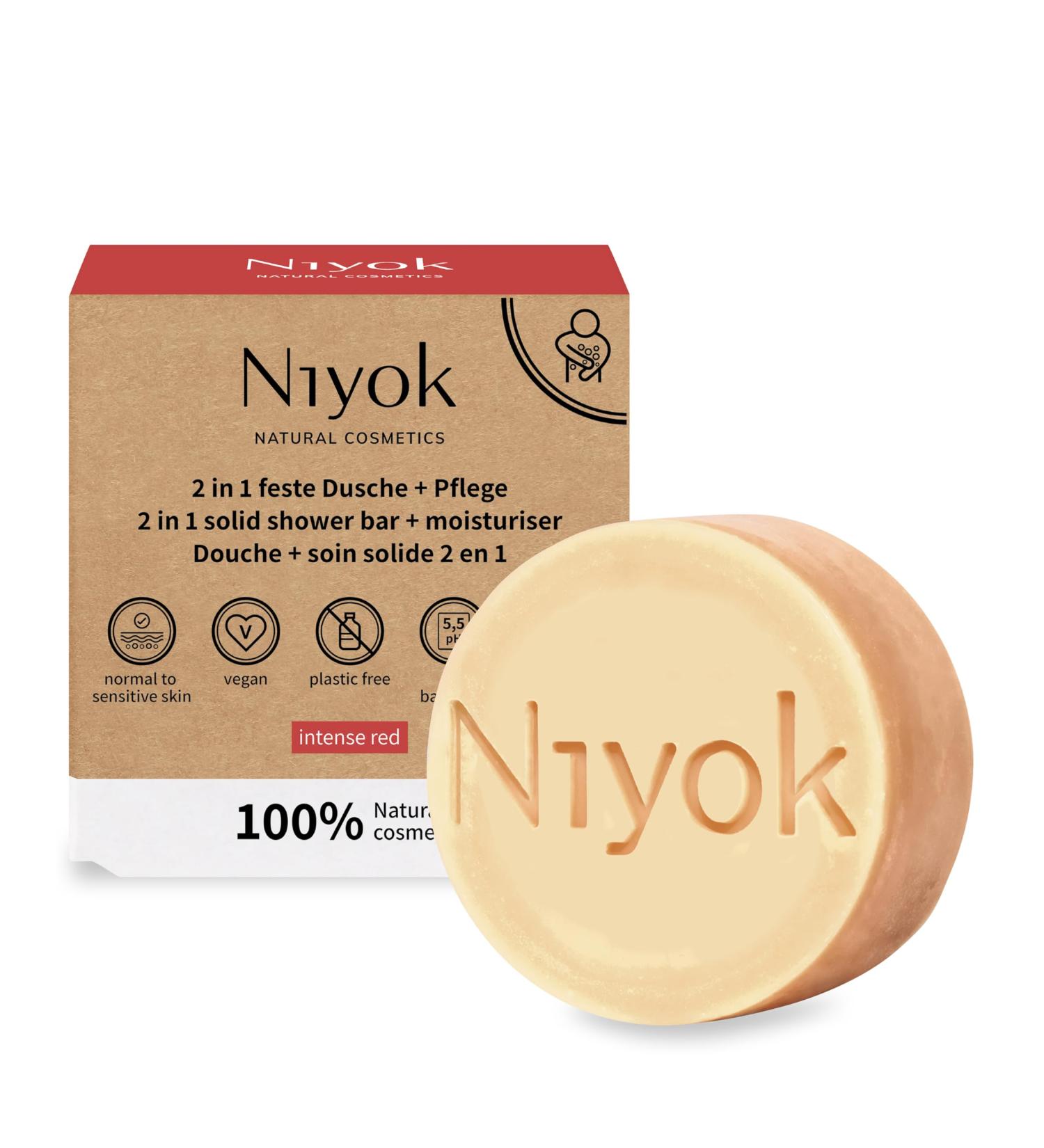  Niyok Niyok 2-in-1 Solid Shower and Care - Solid shower gel without palm oil - pH 5.5 skin-neutral - Plastic-free vegan - Can be used as an organic shower soap - Natural cosmetic - Moisturizes - Intense red (80 g) - Buy Online on GoSupps.com