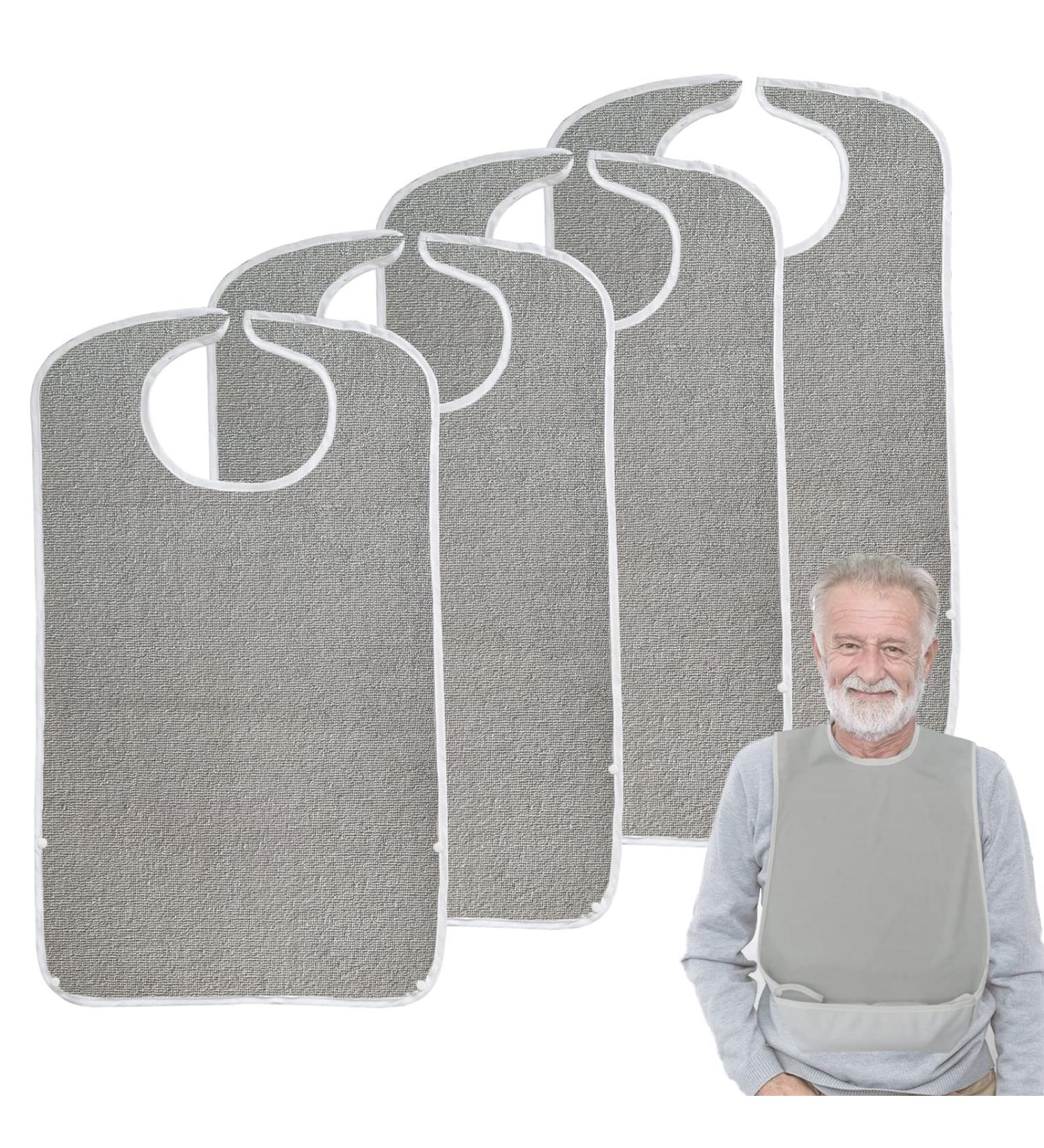 Pozico Washable Terry Cloth Adult Bibs with Debris Trap, Grey (4 Pack) for Men/Women/Elderly - Clothing Protectors for Eating - Buy Online on GoSupps.com