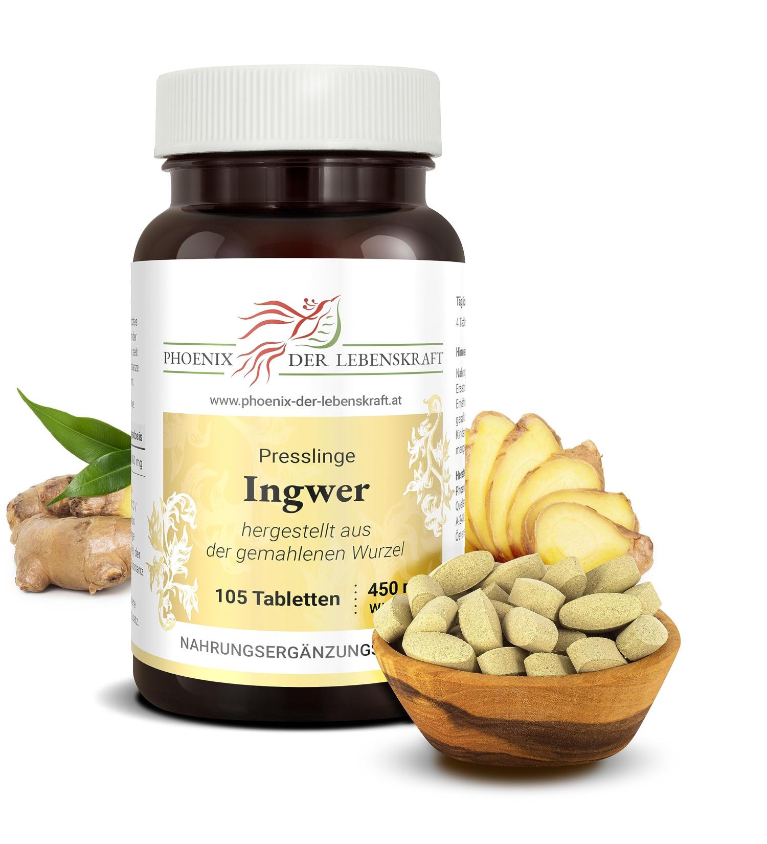 Buy Premium Ginger Tablets 450mg - 105 Vegan Tablets from Austria | Pure Zingiber Officinale | No Additives Herbal Supplement - Buy Online on GoSupps.com
