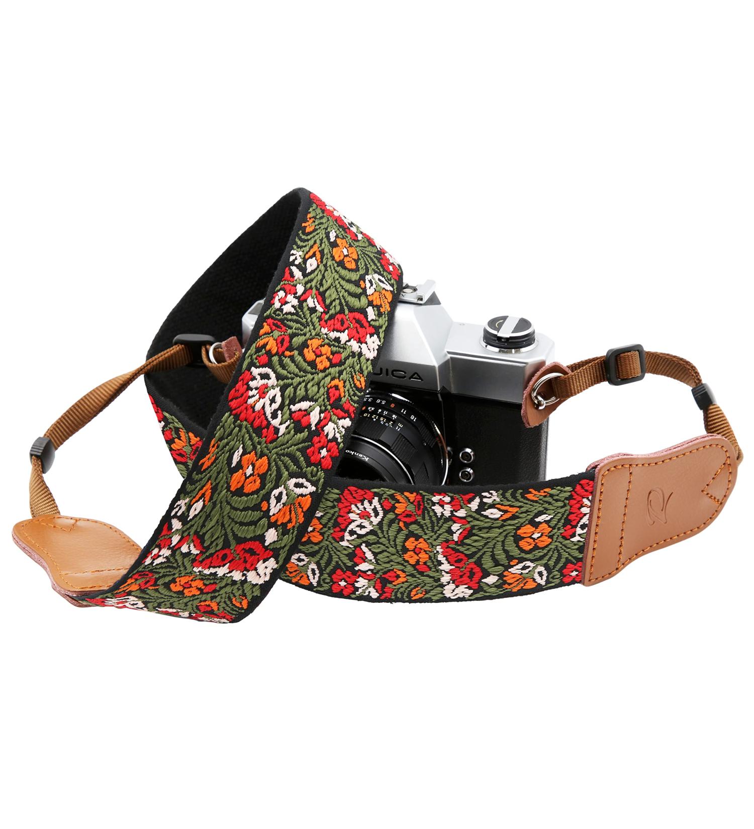 Green Flower 2'' Wide Adjustable Camera Strap for DSLR/SLR - Double Layer Cowhide Ends, Pure Cotton Embroidered Woven Strap - Universal Neck & Shoulder Strap for Photographers - Buy Online on GoSupps.com
