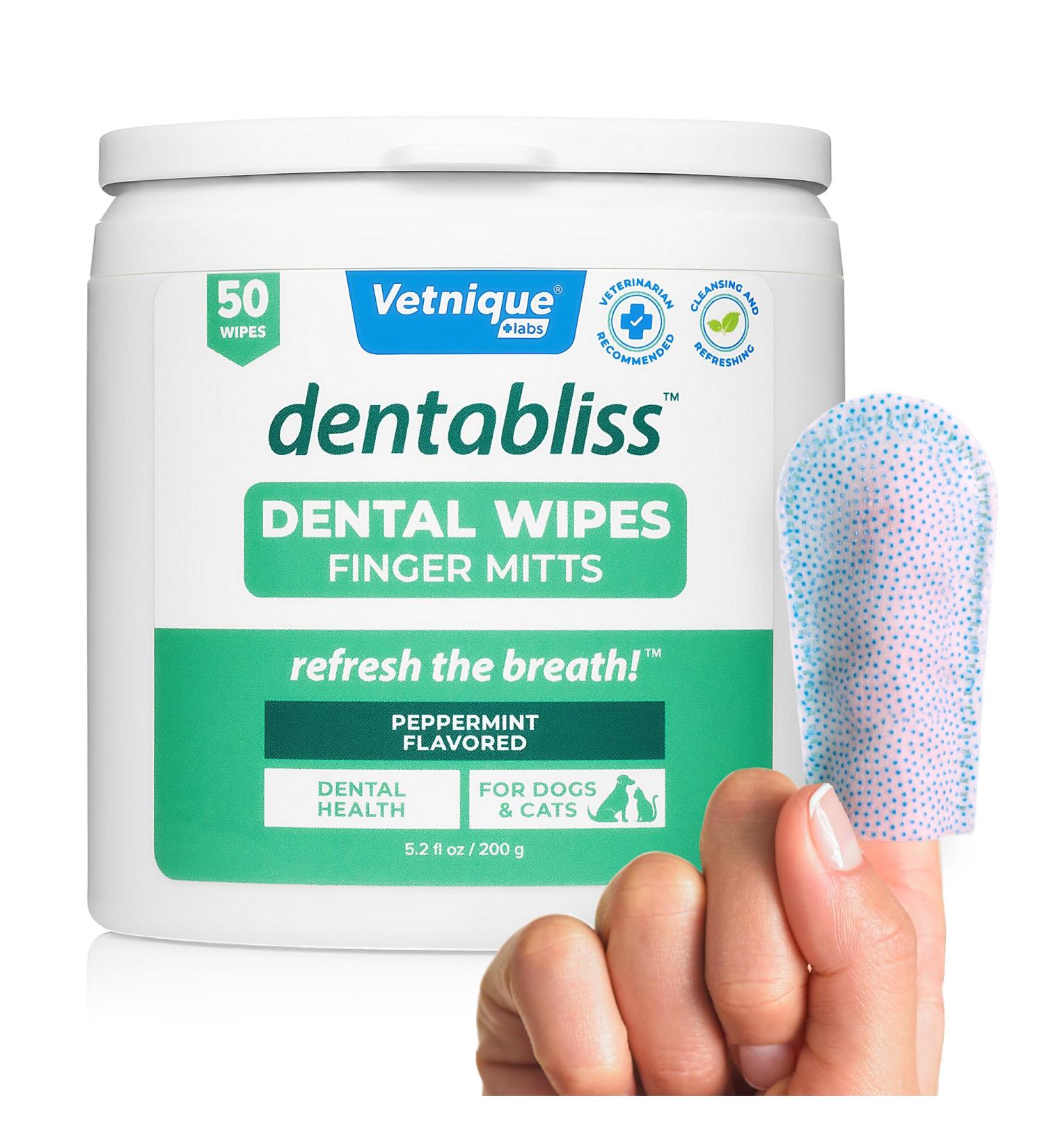 Vetnique Dentabliss - Dog Teeth Cleaning Finger Mitt Dental Wipe - Dog Plaque and Tartar Prevention with Brushing Beads - Convenient Dog Teeth Wipes with Peppermint Dog Breath Freshener 50ct - Buy Online on GoSupps.com