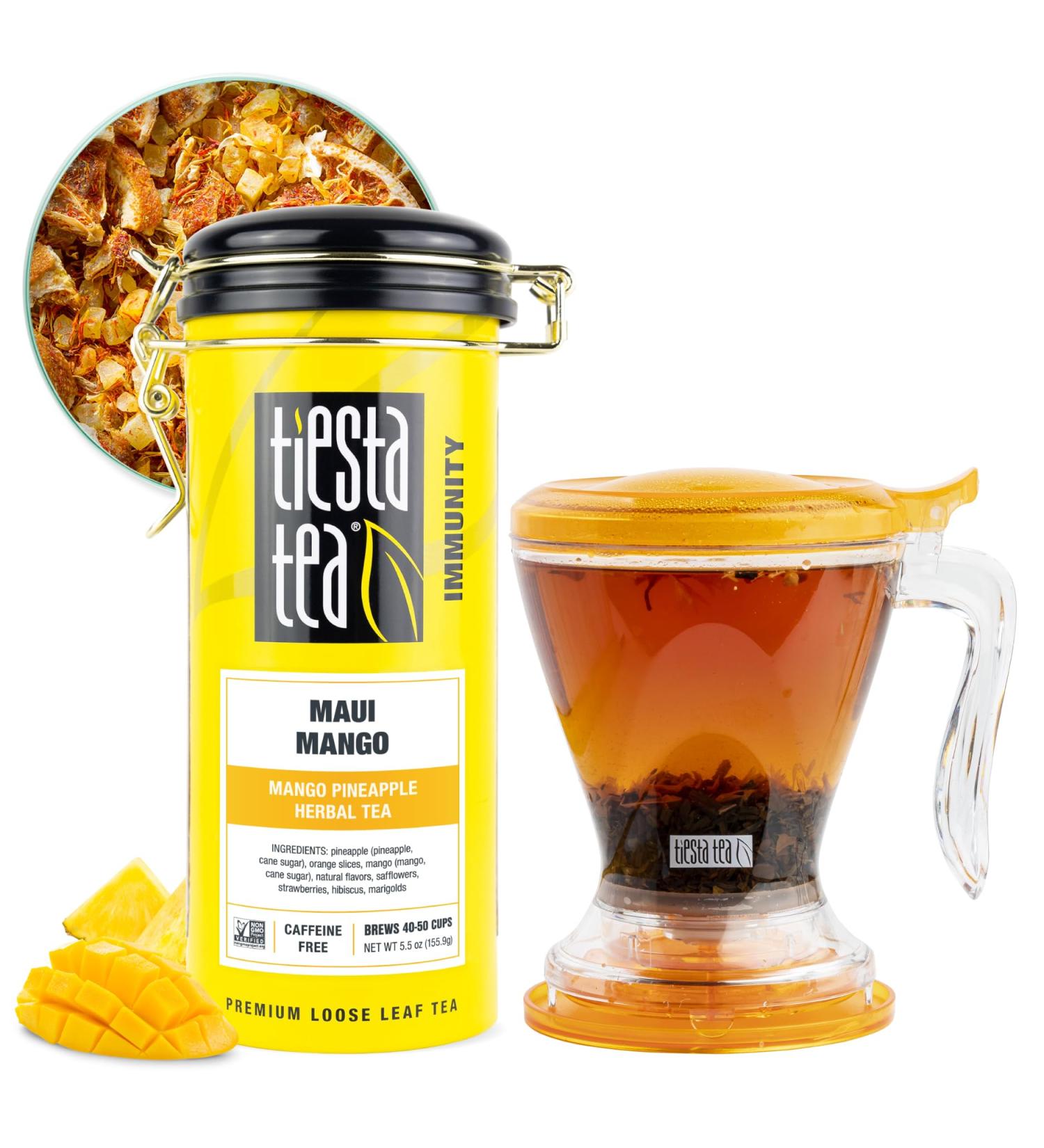 Tiesta Tea - Maui Mango Tin & Tea Infuser Set Tea Set with Loose Leaf Herbal Tea Tin (Maui Mango) & 16 Ounce Bottom Dispensening Tea Infuser - Buy Online on GoSupps.com