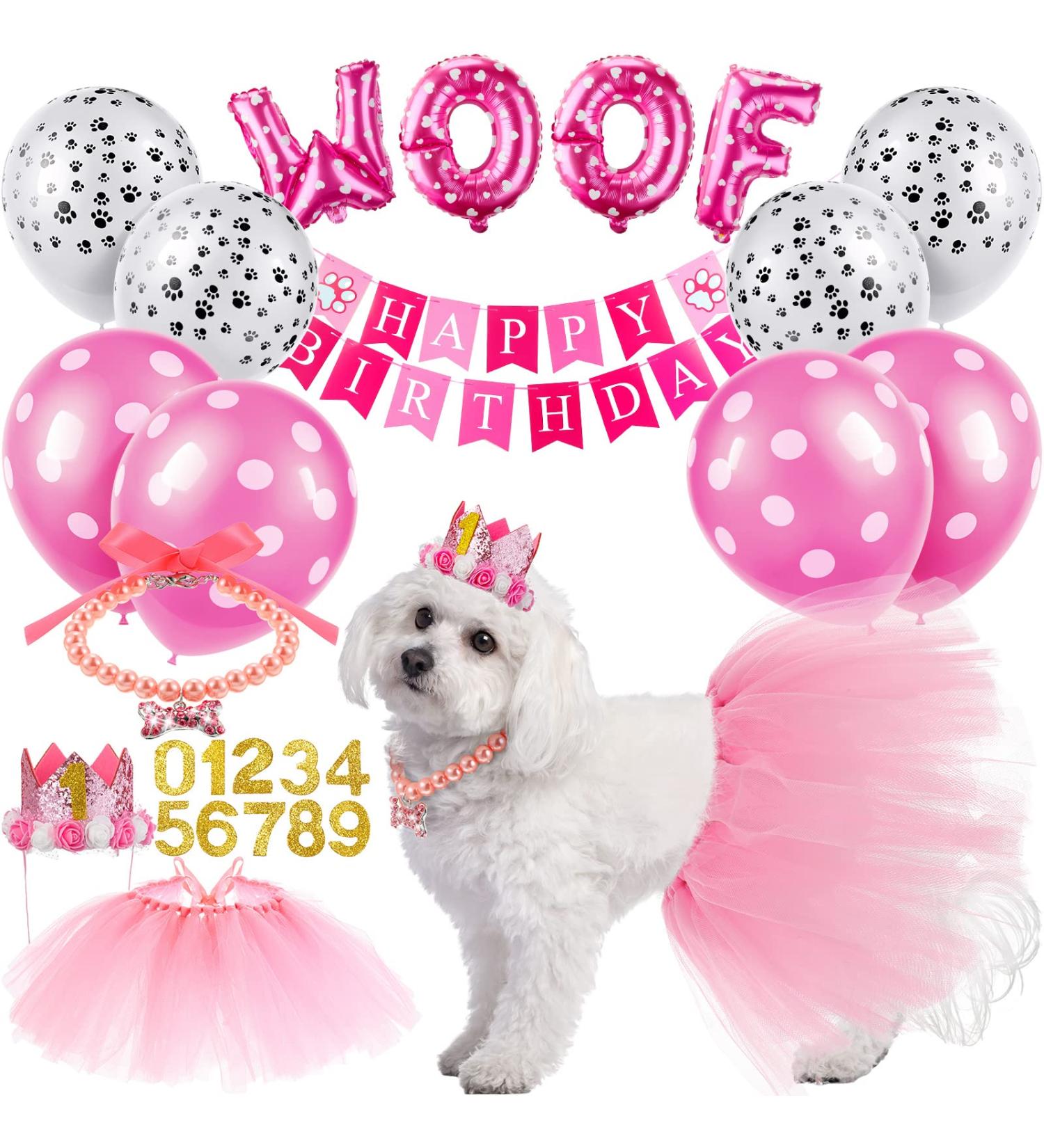 Dog Birthday Party Supplies Set - Pink Tutu Skirt, Crown Hat, Bandanas, Banner, Balloons, Toy & Pearl Necklace - Buy Online on GoSupps.com