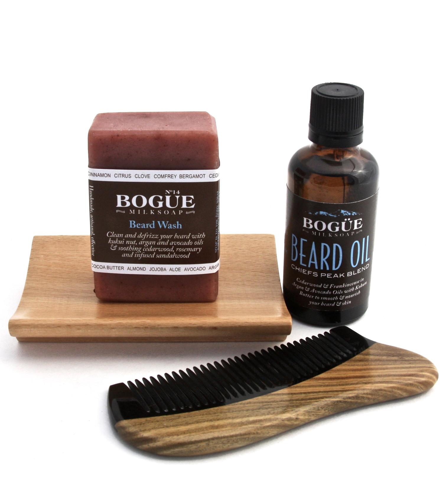 Goat Milk Soap & Beard Grooming Gift Set - BOGUE Chiefs Peak Blend Wash & Oil with Avocado Argan Vitamin E & Cedarwood | Perfect Gift for Men - Buy Online on GoSupps.com