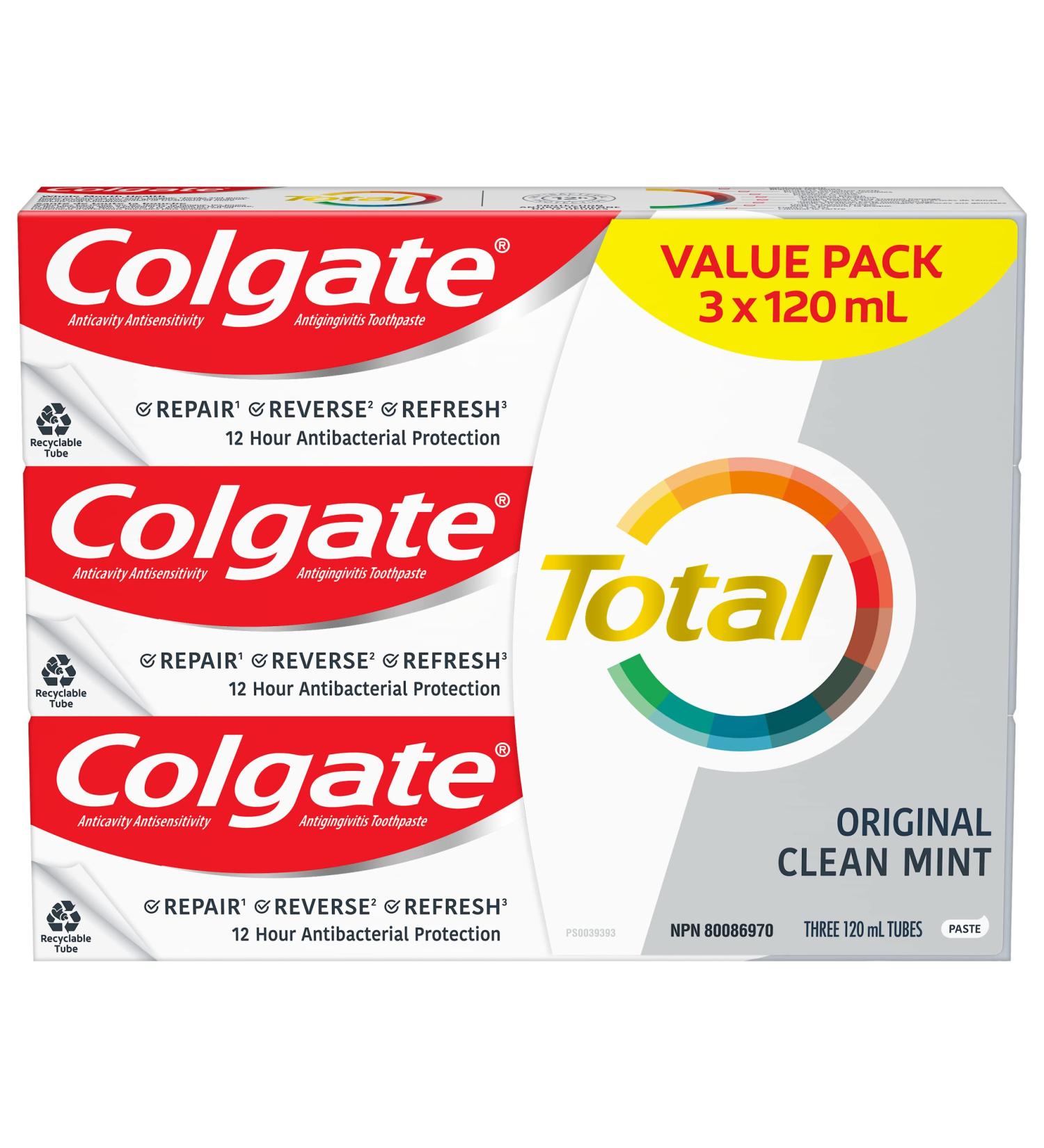 Colgate Total Clean Toothpaste - Original Clean Mint - Professional Teeth Whitening with Sensitivity and Enamel Protection for a Fresh Clean Smile - Dentifrice for Daily Oral Care 120 mL Pack of 3 - Buy Online on GoSupps.com